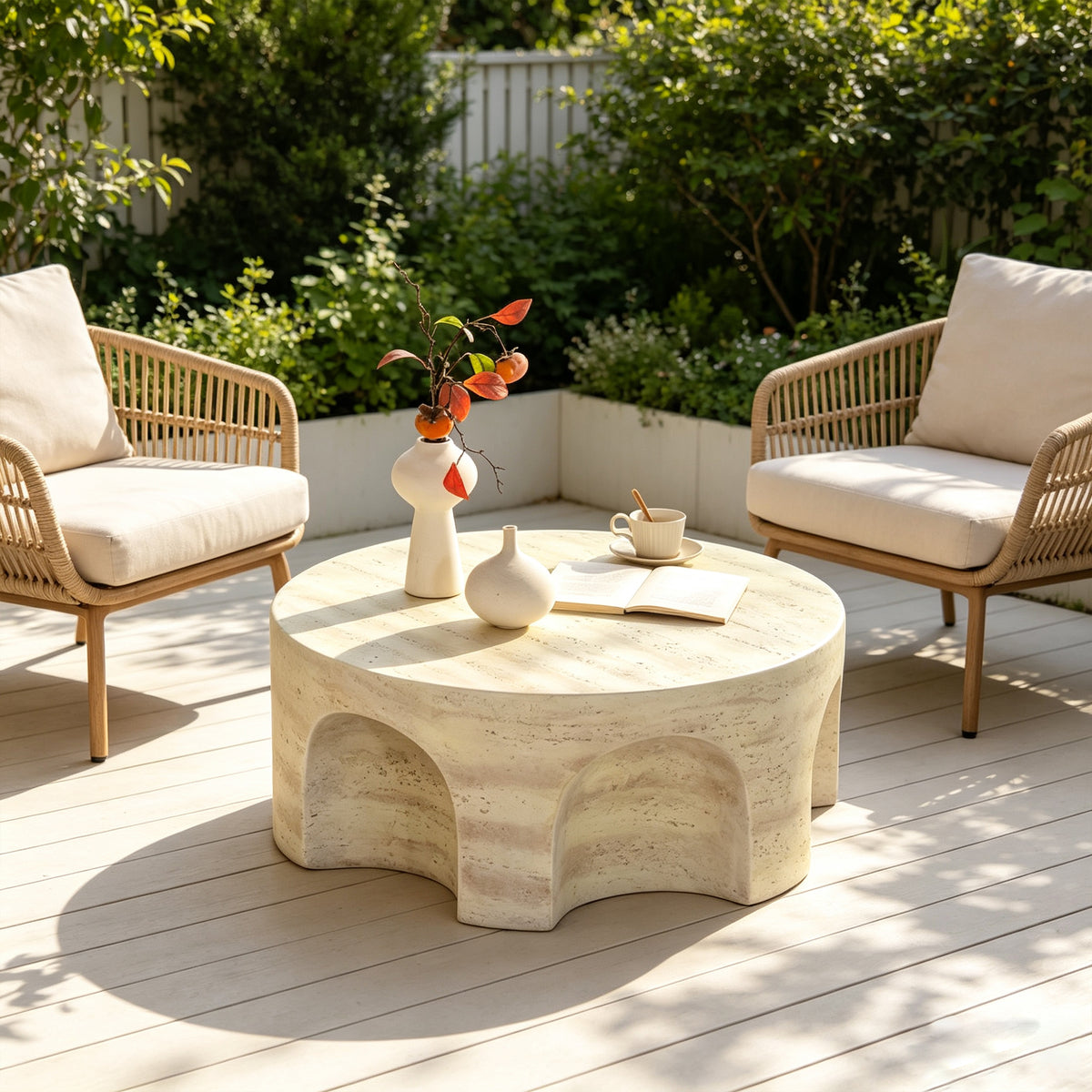 Beige Round Coffee Table, 31.5 in, Arched
