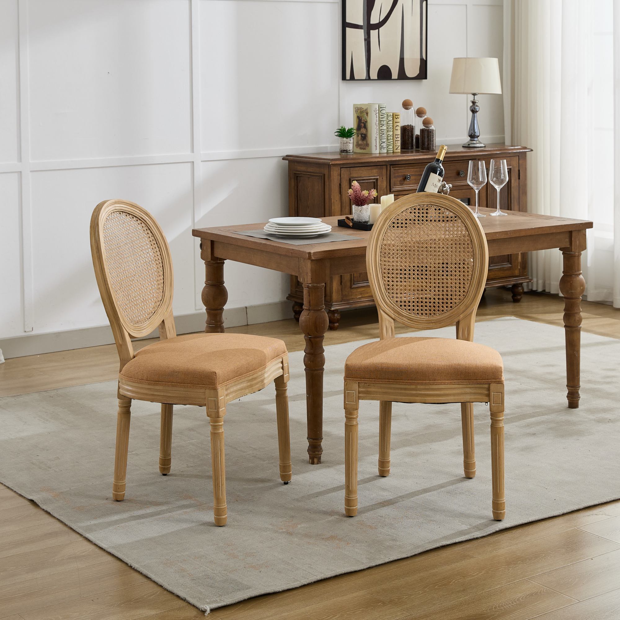 French Cane-Back Dining Chairs Set of 2, Tan Linen Seat