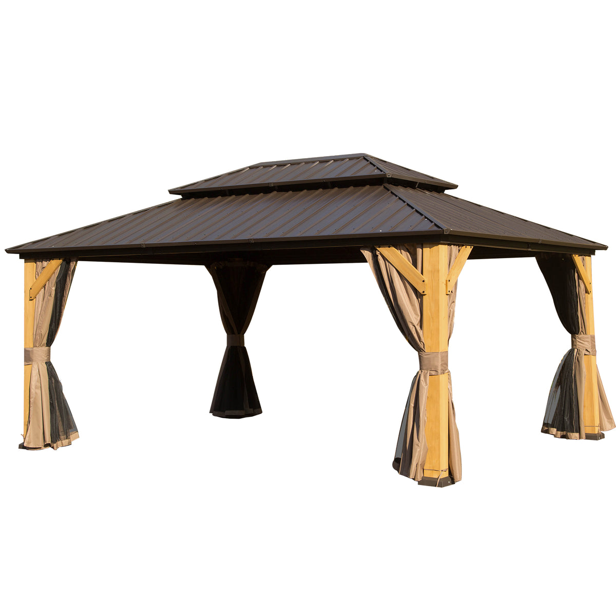 12x16 ft Brown Cedar Double Roof Hardtop Gazebo with Netting and Curtains