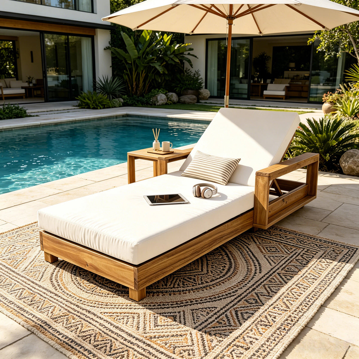 Natural Solid Wood Outdoor Chaise Lounge, Cream Cushion, 2-Fold Cushion