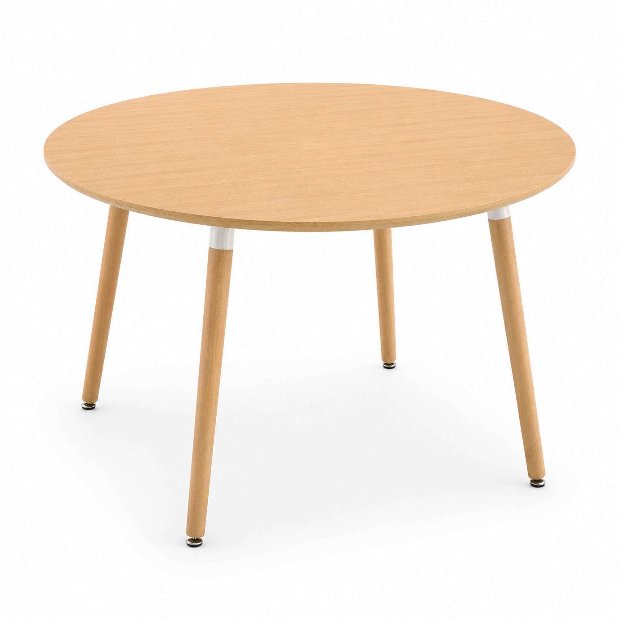 Oak-look round dining table on a plain white studio background, three-quarter view