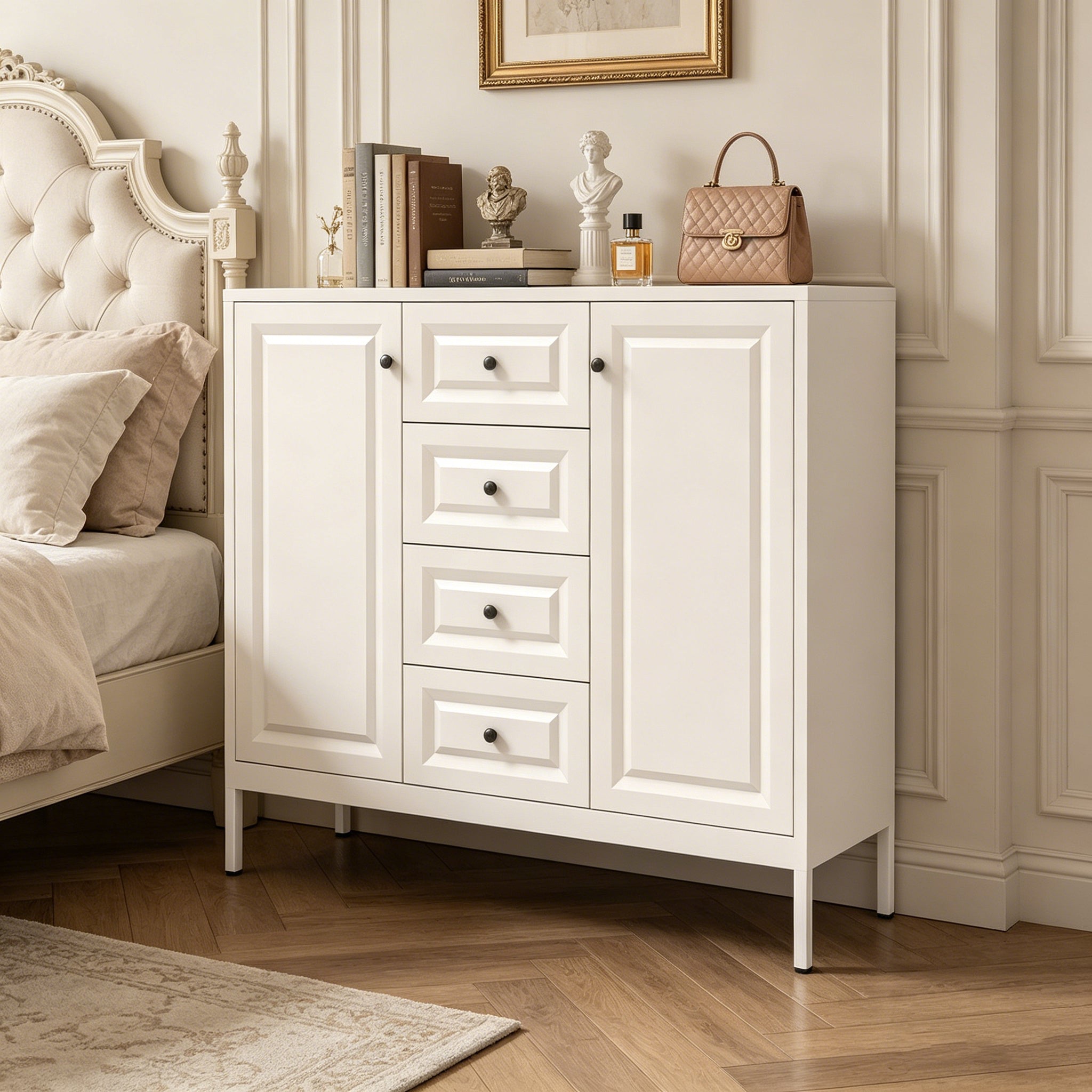 Cream 4-Drawer Sideboard Buffet Cabinet, 2 Doors, Adjustable Shelves