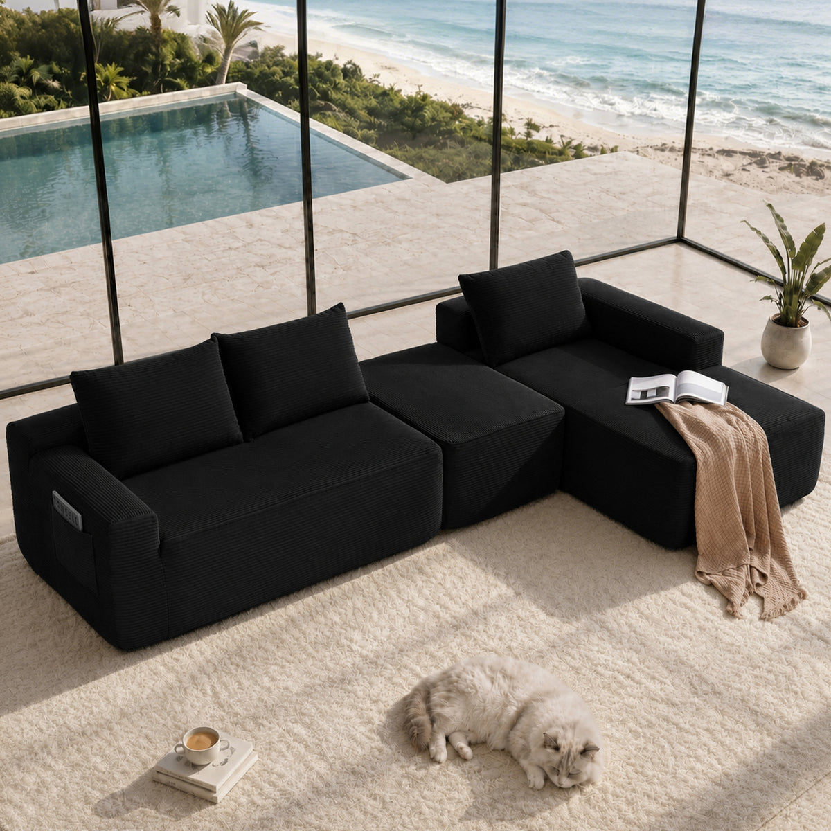 Black Corduroy L-Shaped Modular Sectional with Ottoman, 104 in Wide