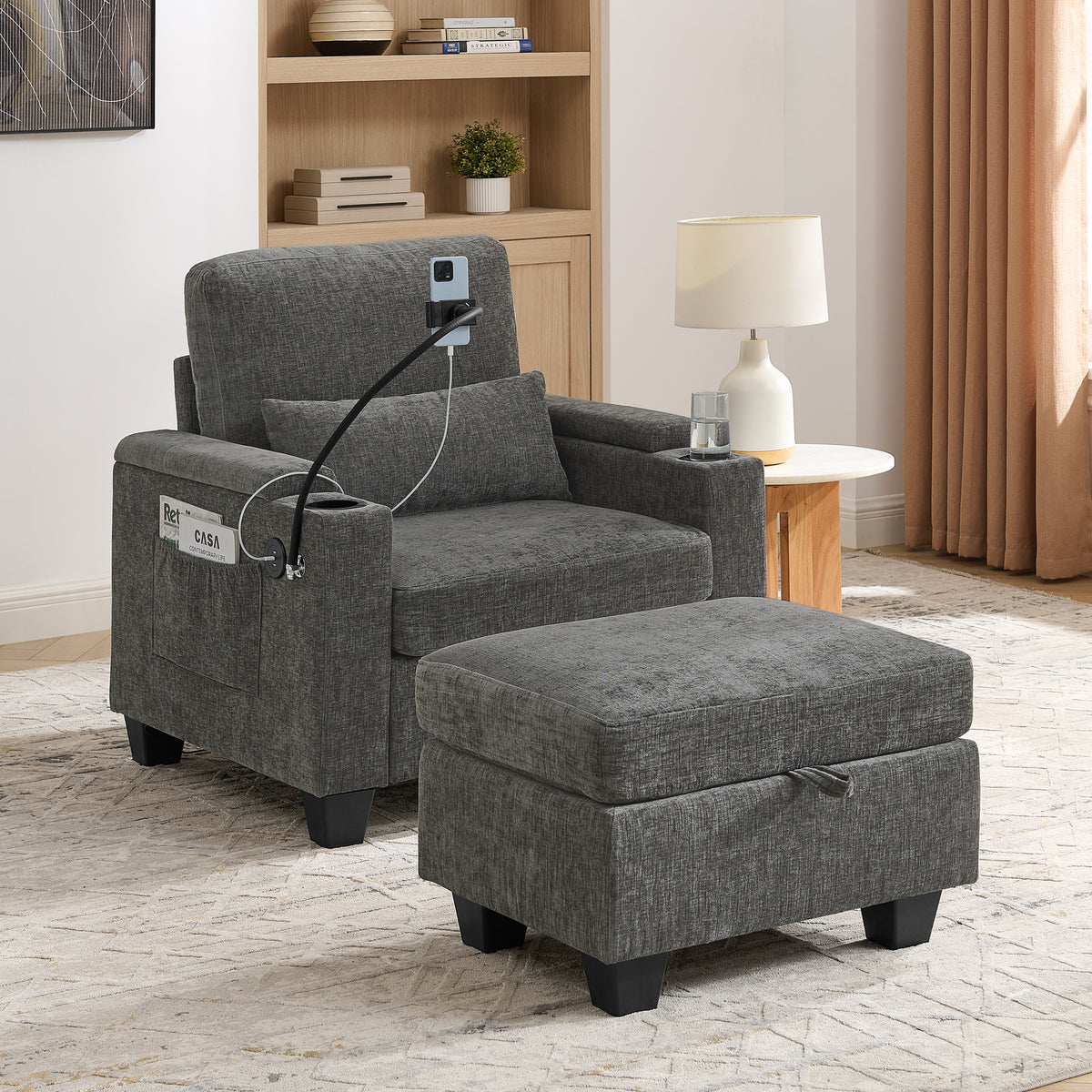 Gray Chenille Recliner, USB Charging