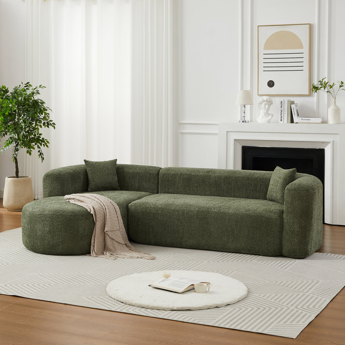 Green Chenille L-Shaped Modular Sectional, 109.4 in Wide, Left-Facing
