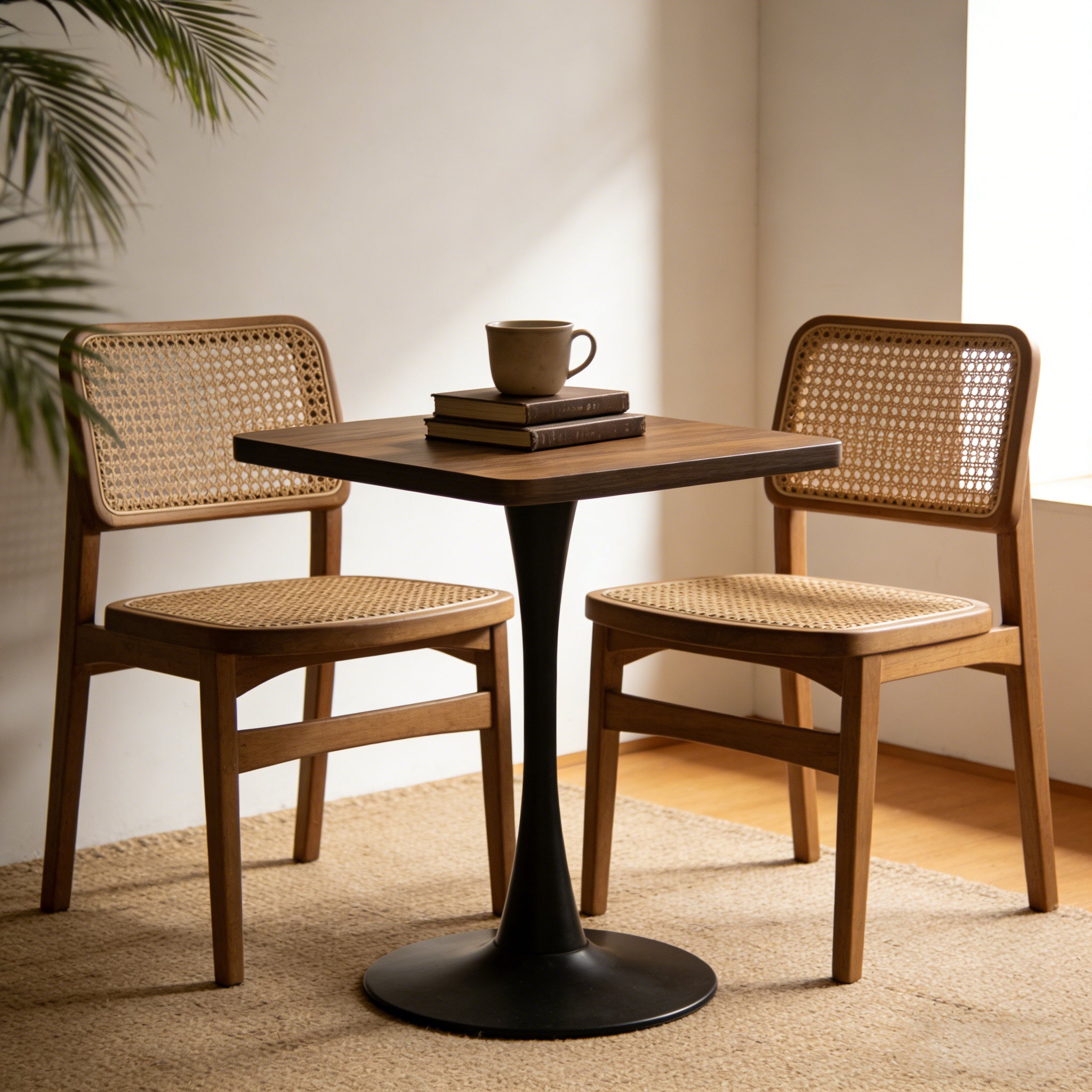 Front view of the walnut square tulip bistro table flanked by two cane-back chairs in a styled room