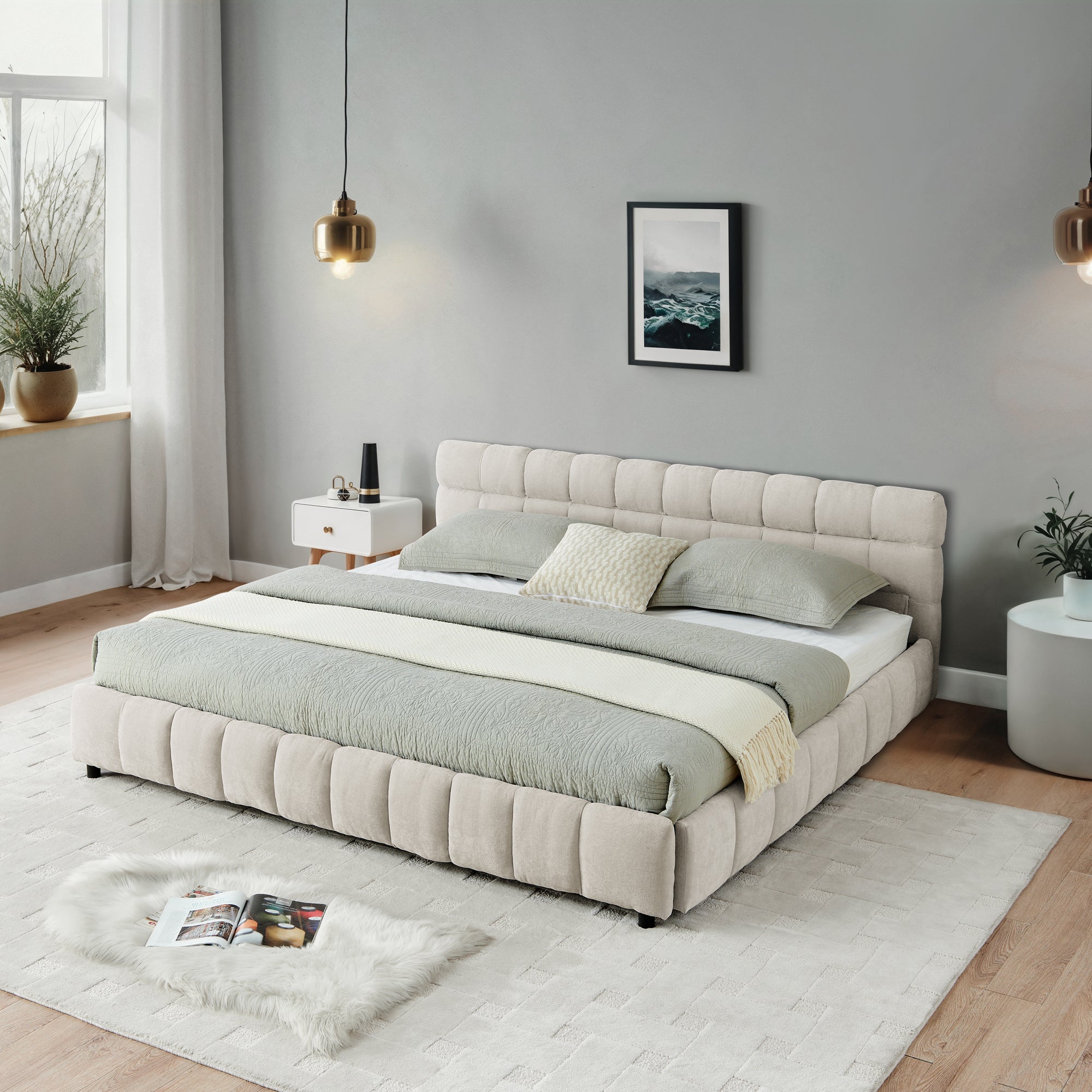 Close-up of beige chenille footboard channel tufting detail