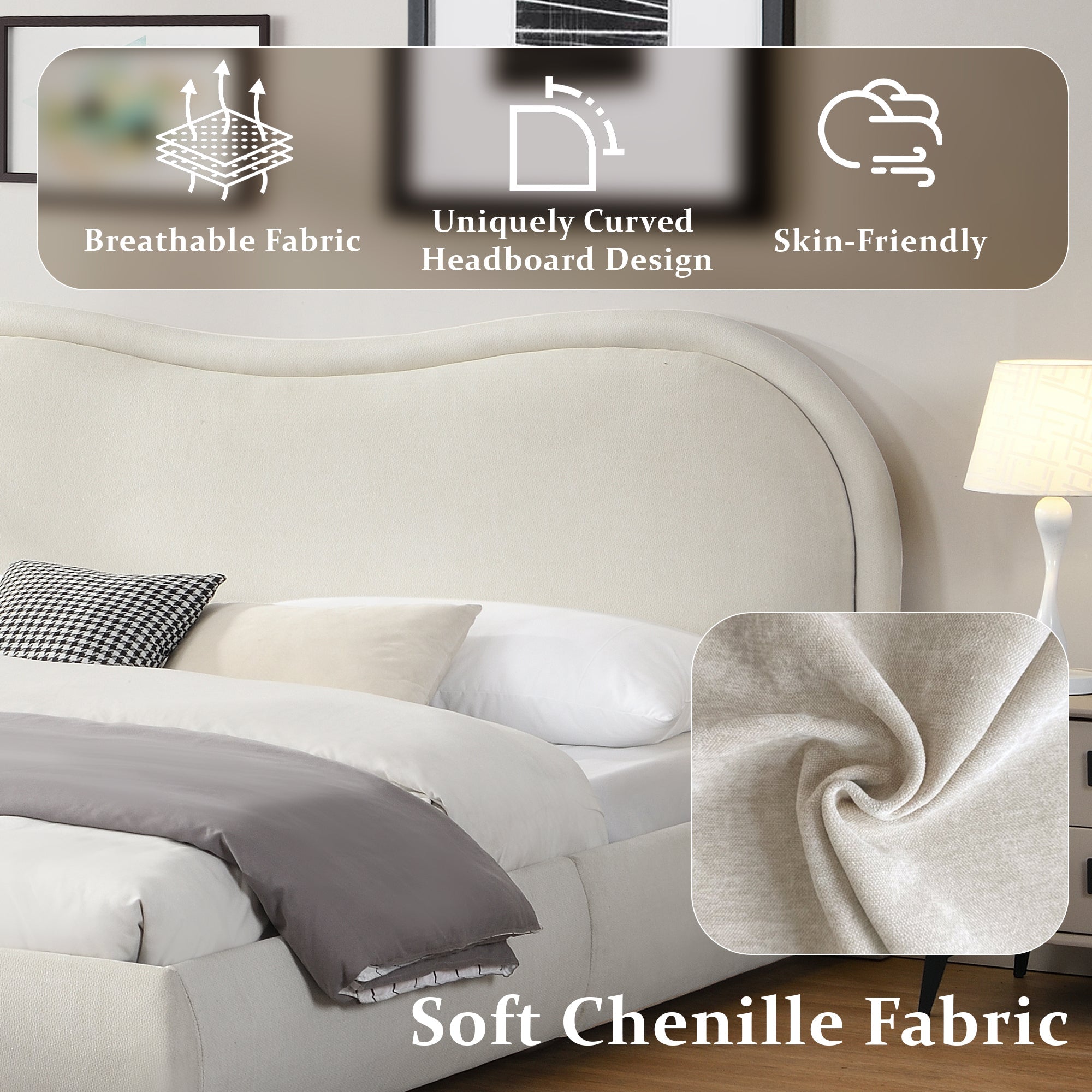 Close-up of the beige chenille curved headboard showing the soft woven fabric texture #Color_Beige