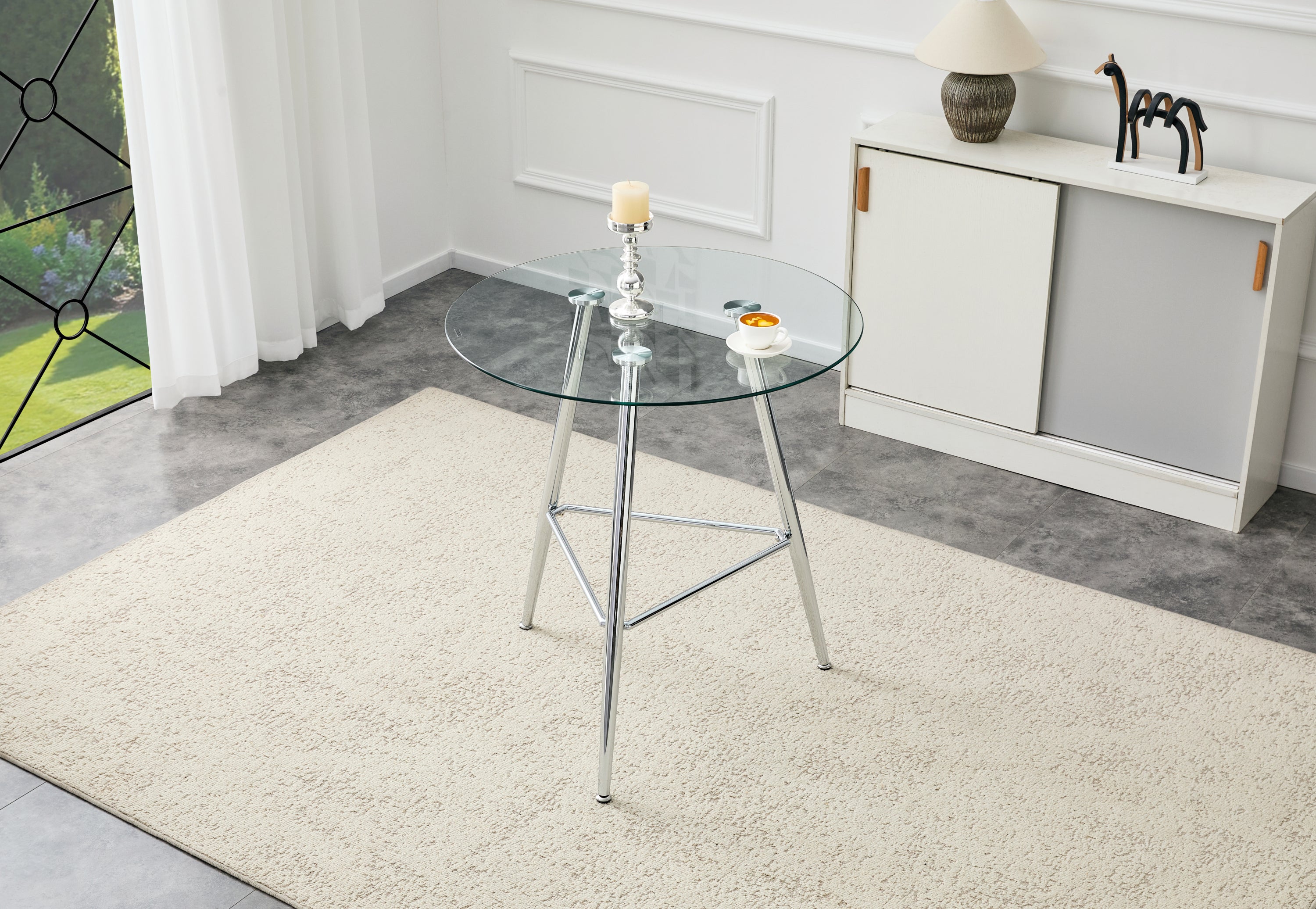 Round Glass Bar Table, 34-Inch Tempered Top, Chrome Tripod Legs