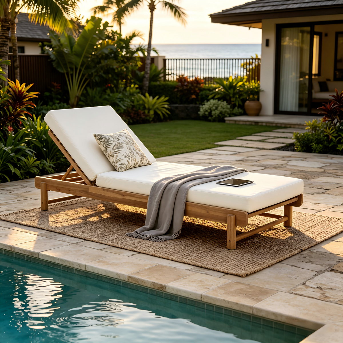 Teak Finish Solid Wood Outdoor Chaise Lounge, Cream Cushion, 4 in Cushion