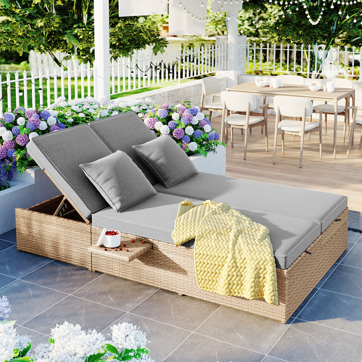 Brown Wicker Adjustable Outdoor Chaise Lounge with Cushions, Set of 2
