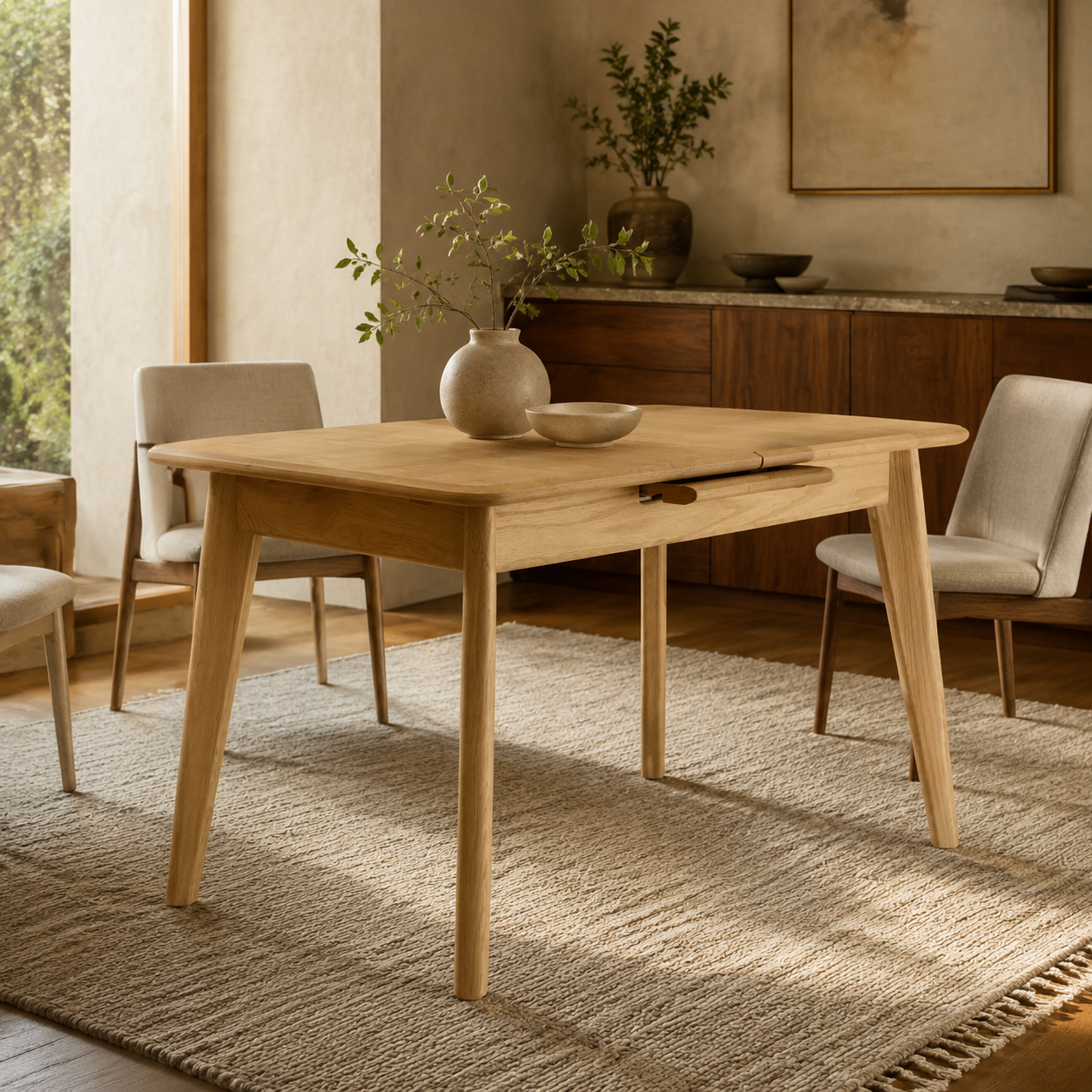 Solid Oak Dining Table, Natural - Extendable, Metal Slide