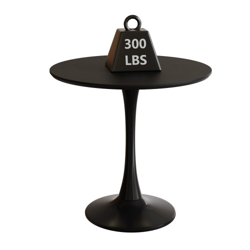 Round black tulip table with a 300 lb weight graphic sitting on its top
