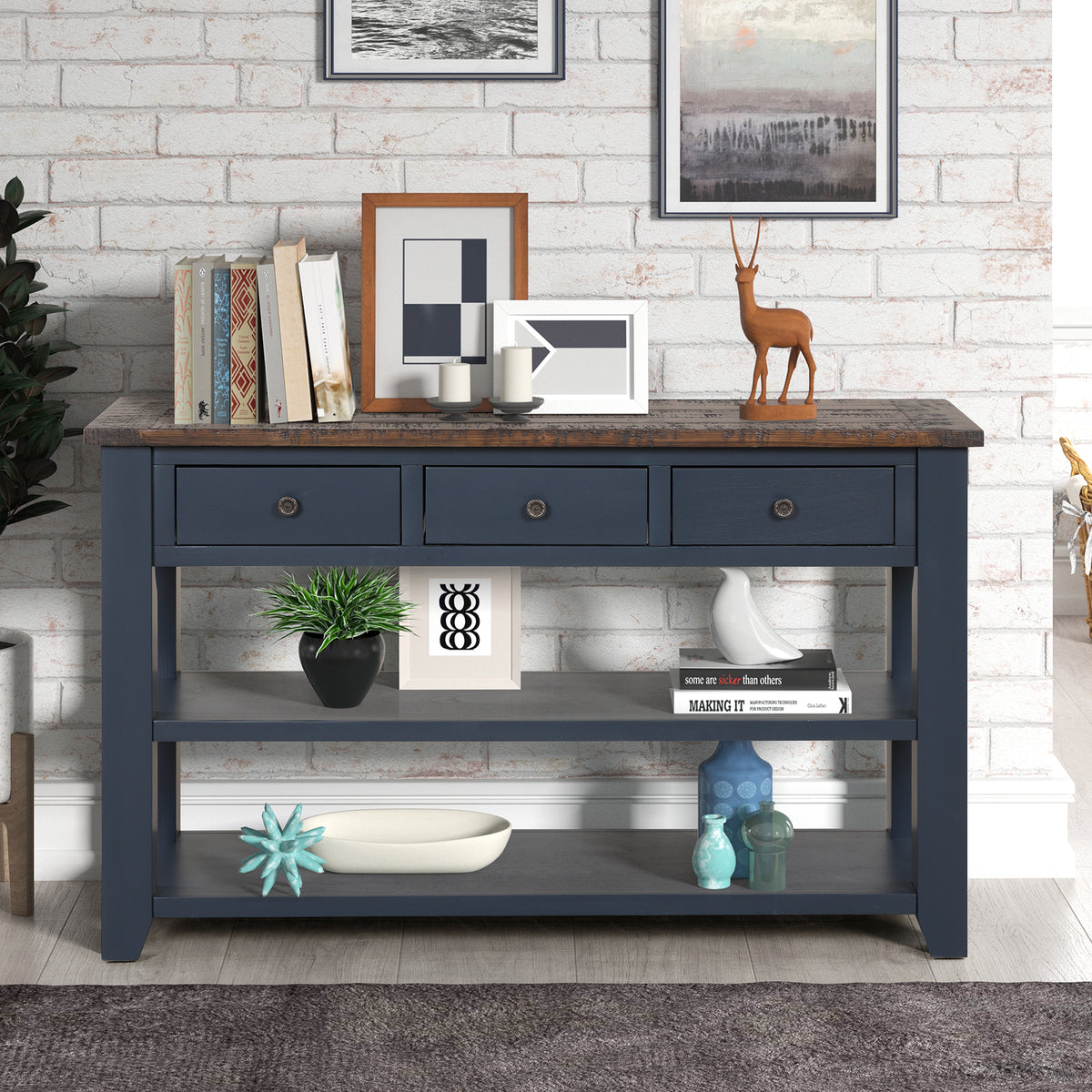 Navy Blue Entryway Console Table with Storage, 48.8 in Wide