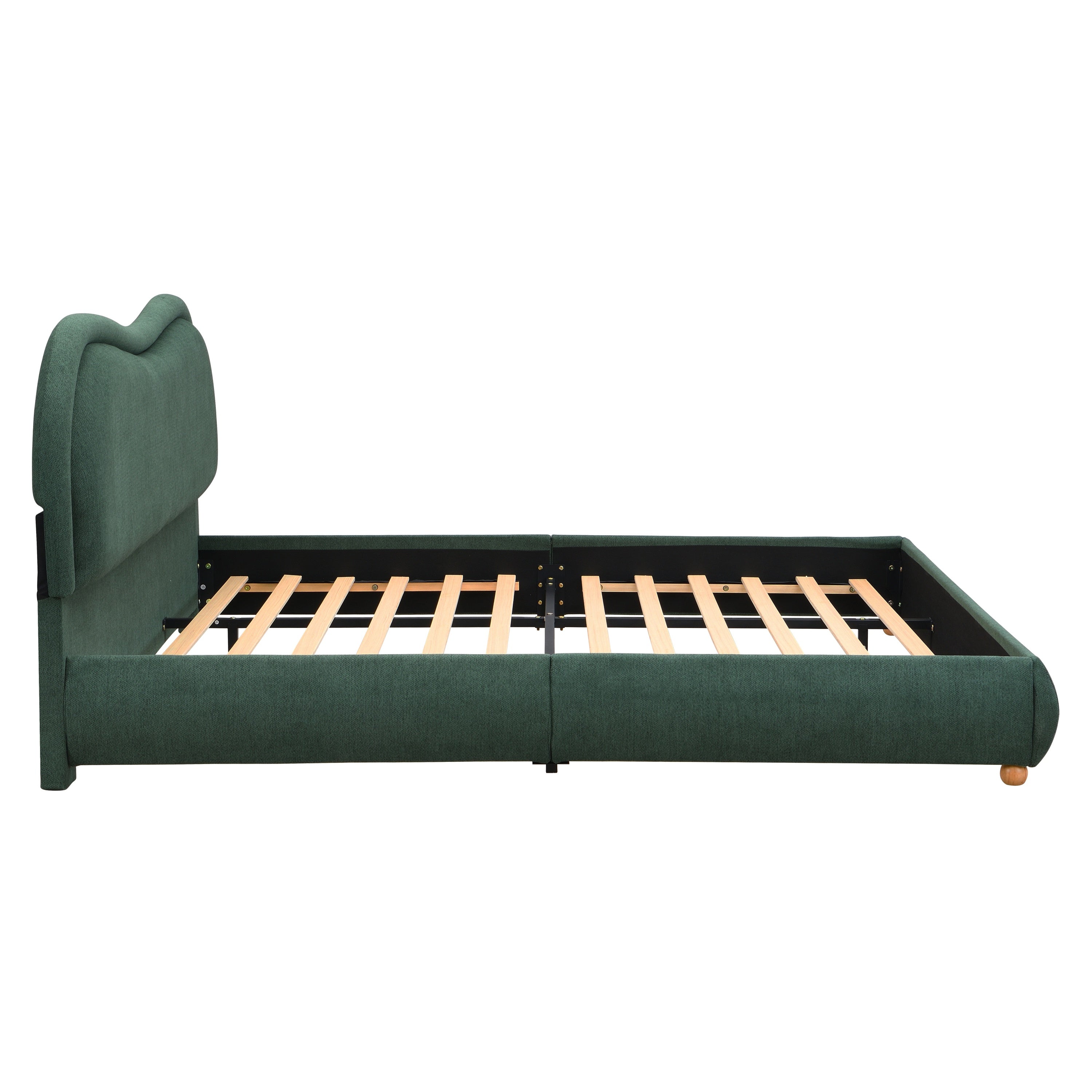 Side profile of olive green king bed frame showing slat support