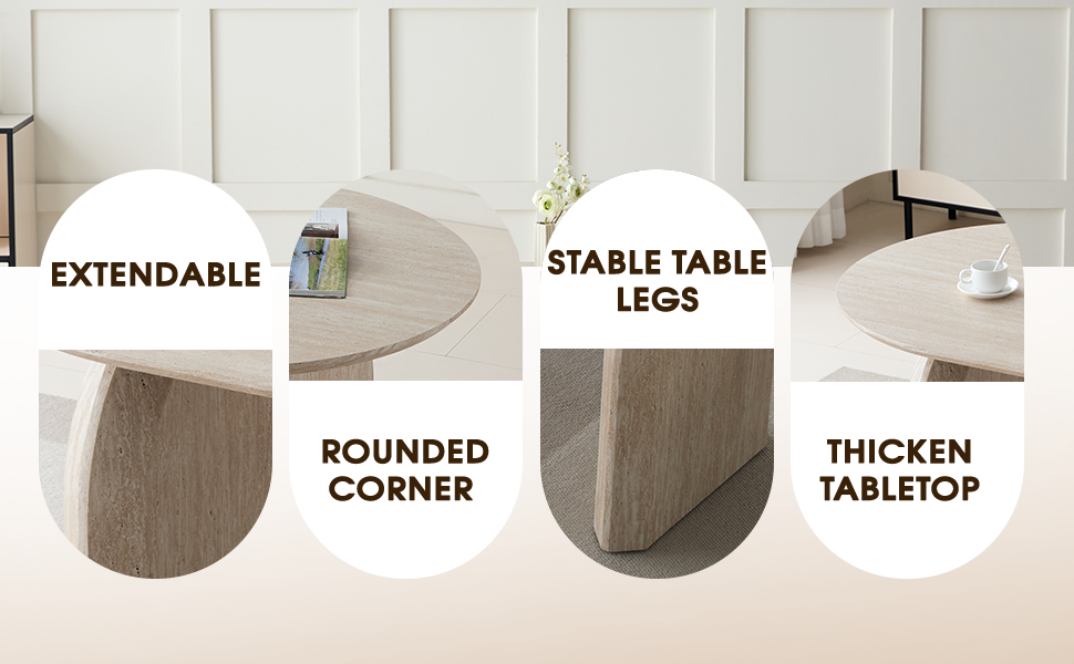 Detail collage highlighting extendable top, rounded corner, stable legs and thickened tabletop