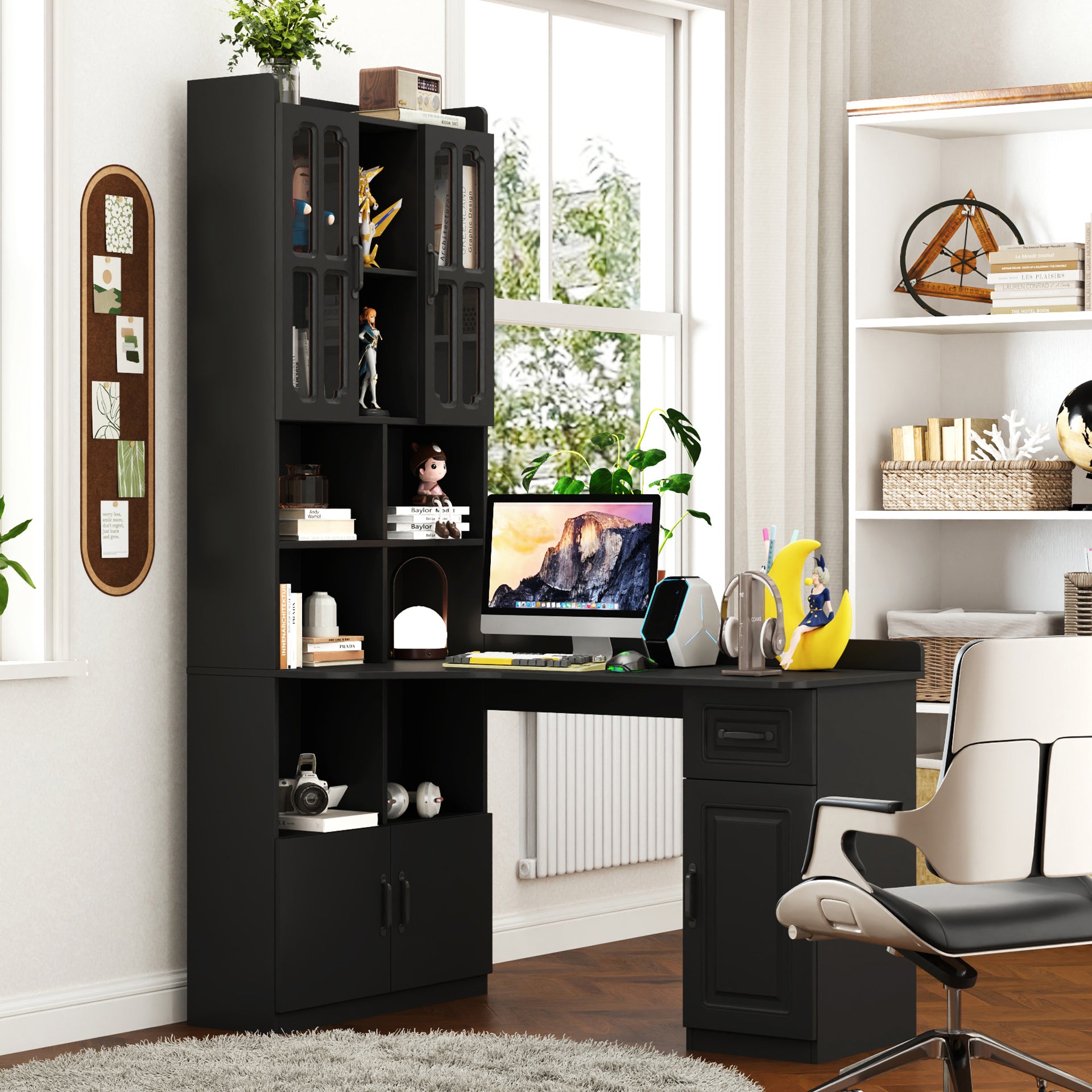 L-Shaped Modern Computer Desk with Hutch, Workstation, 52.6 in, Black