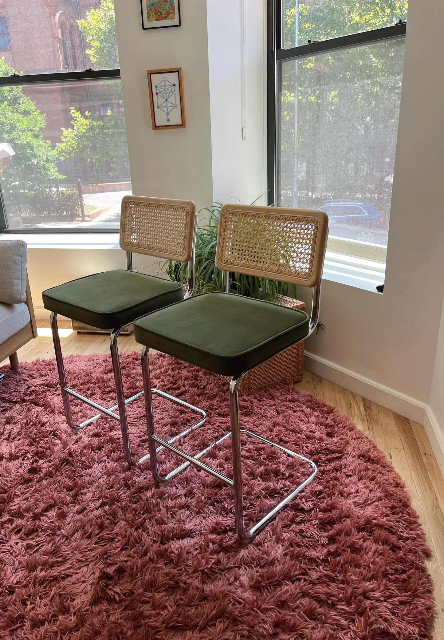 Rattan Counter Stools Set of 2 – Stainless Steel Legs & Green Velvet