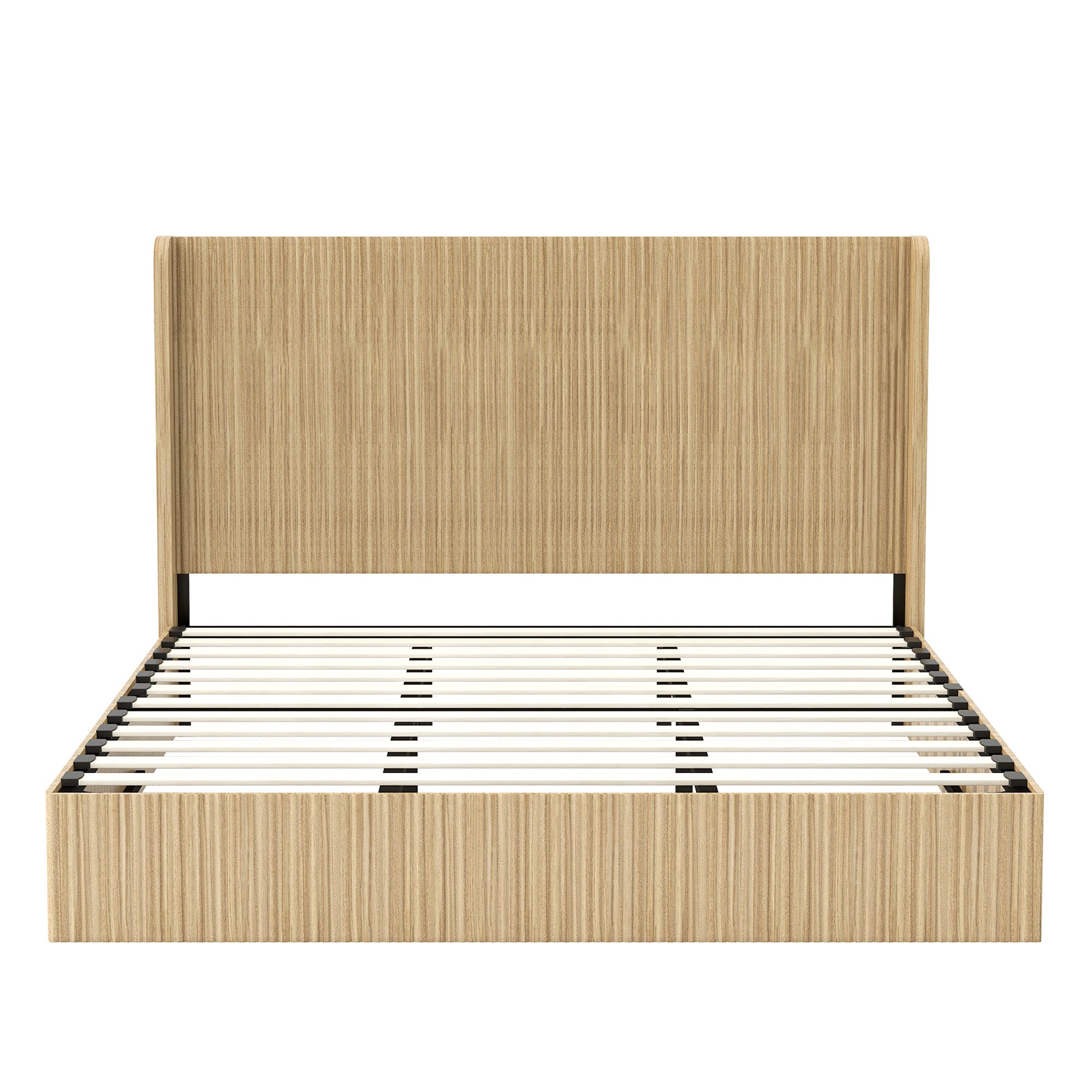Front view of fluted wood king bed frame headboard and low platform base