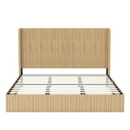 Front view of fluted wood king bed frame headboard and low platform base