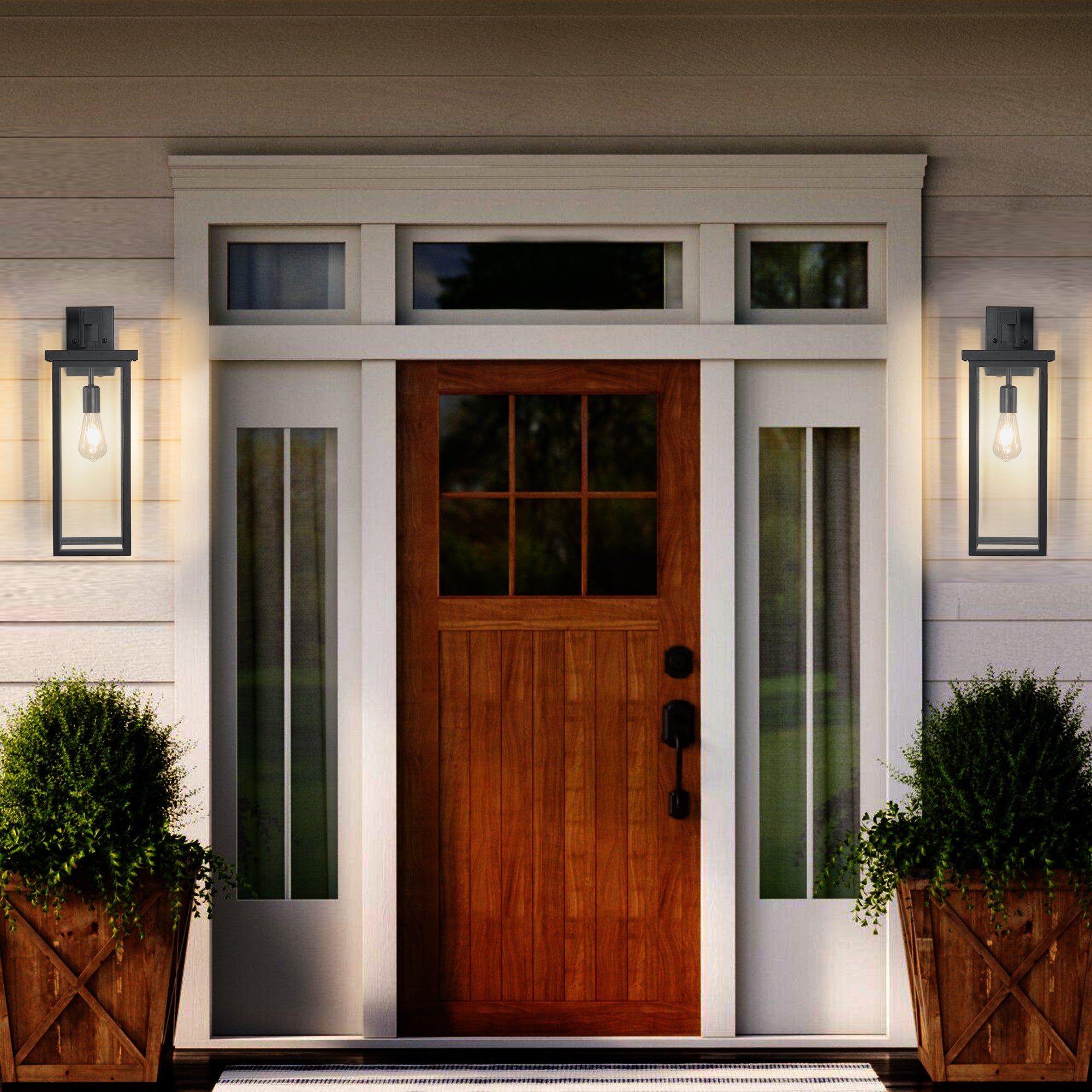 Outdoor Wall Lantern Set, Clear Glass Shades, Black Aluminum
