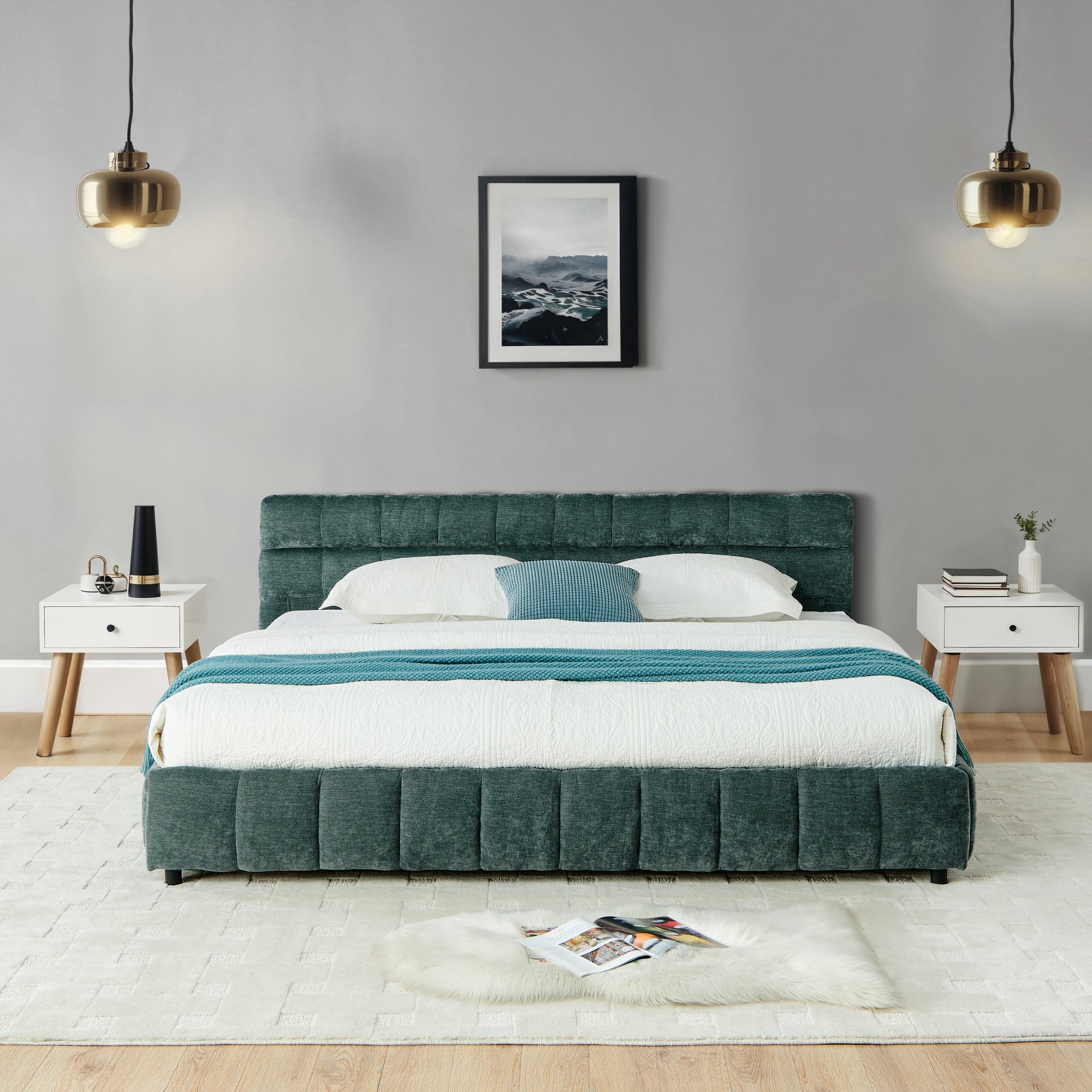 Close-up of tufted chenille headboard corner against gray wall