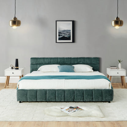 Close-up of tufted chenille headboard corner against gray wall