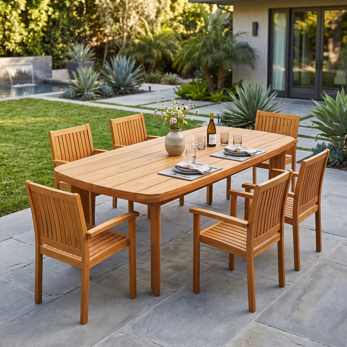 Teak Finish Solid Wood 7-Piece Patio Dining Set for 6, Slatted, Oval