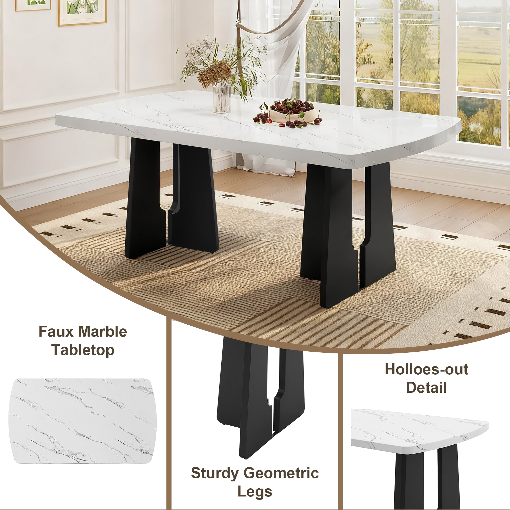 Feature graphic of the dining table highlighting faux marble tabletop, geometric legs and hollowed-out leg detail