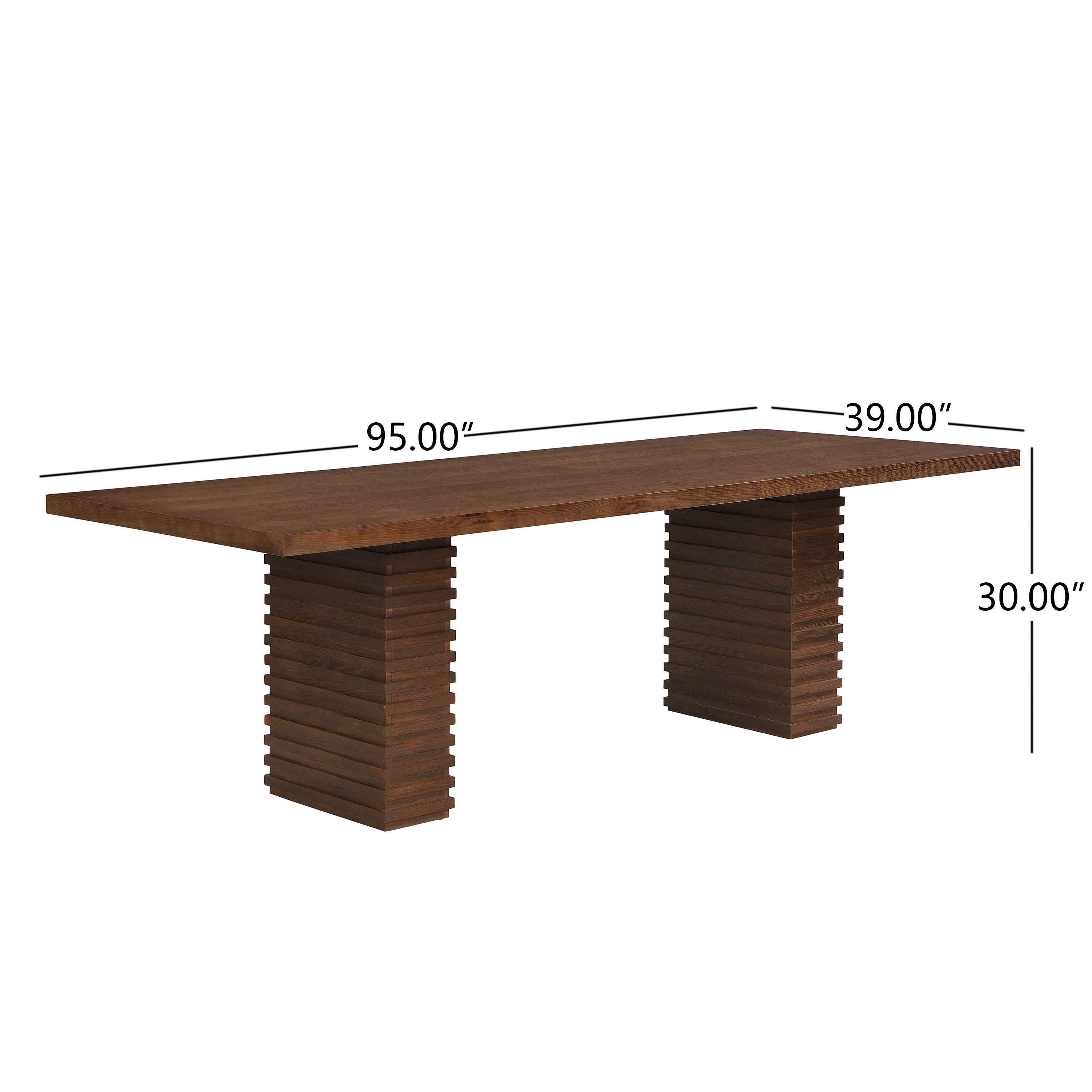 Dimension diagram of the double-pedestal dining table showing 95 in length, 39 in width, 30 in height