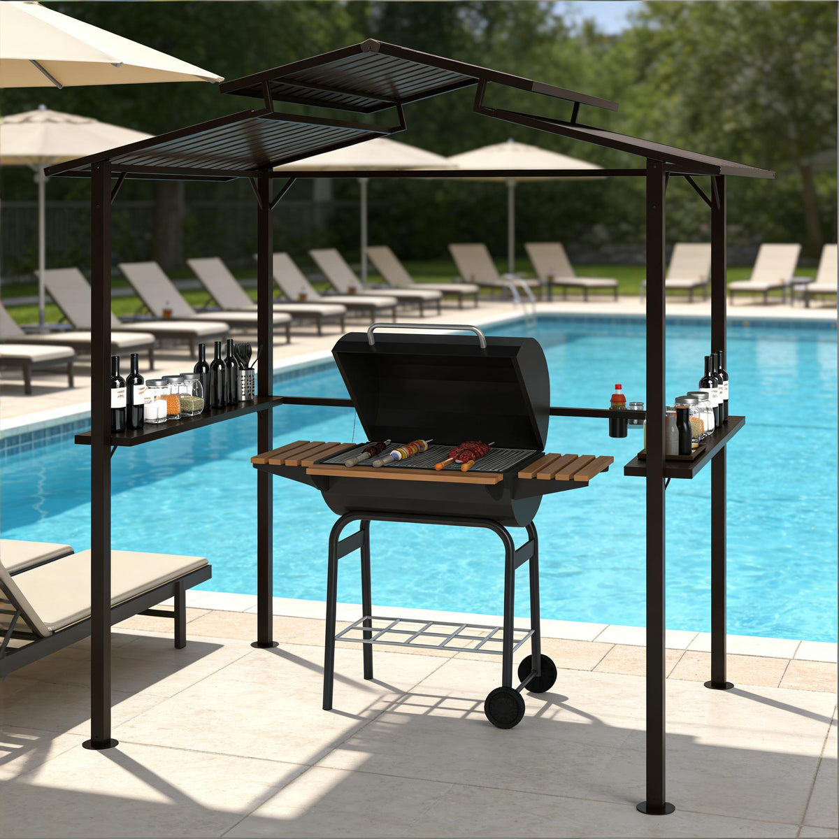 Dark Brown Metal Hardtop Gazebo with Side Shelves