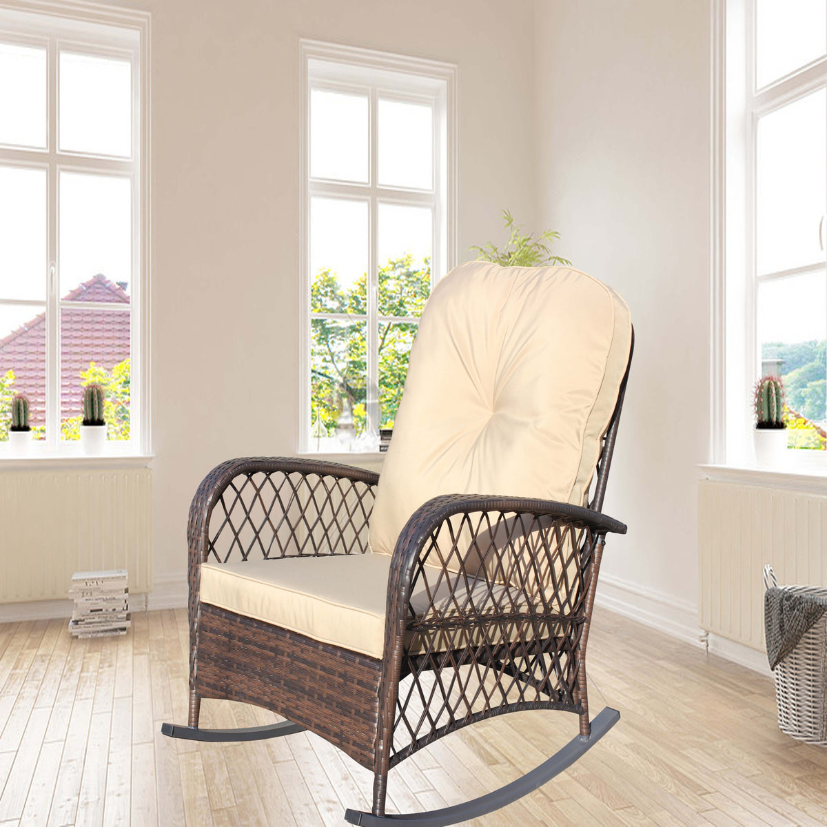 Brown Wicker Outdoor Rocking Chair with Brown Cushions