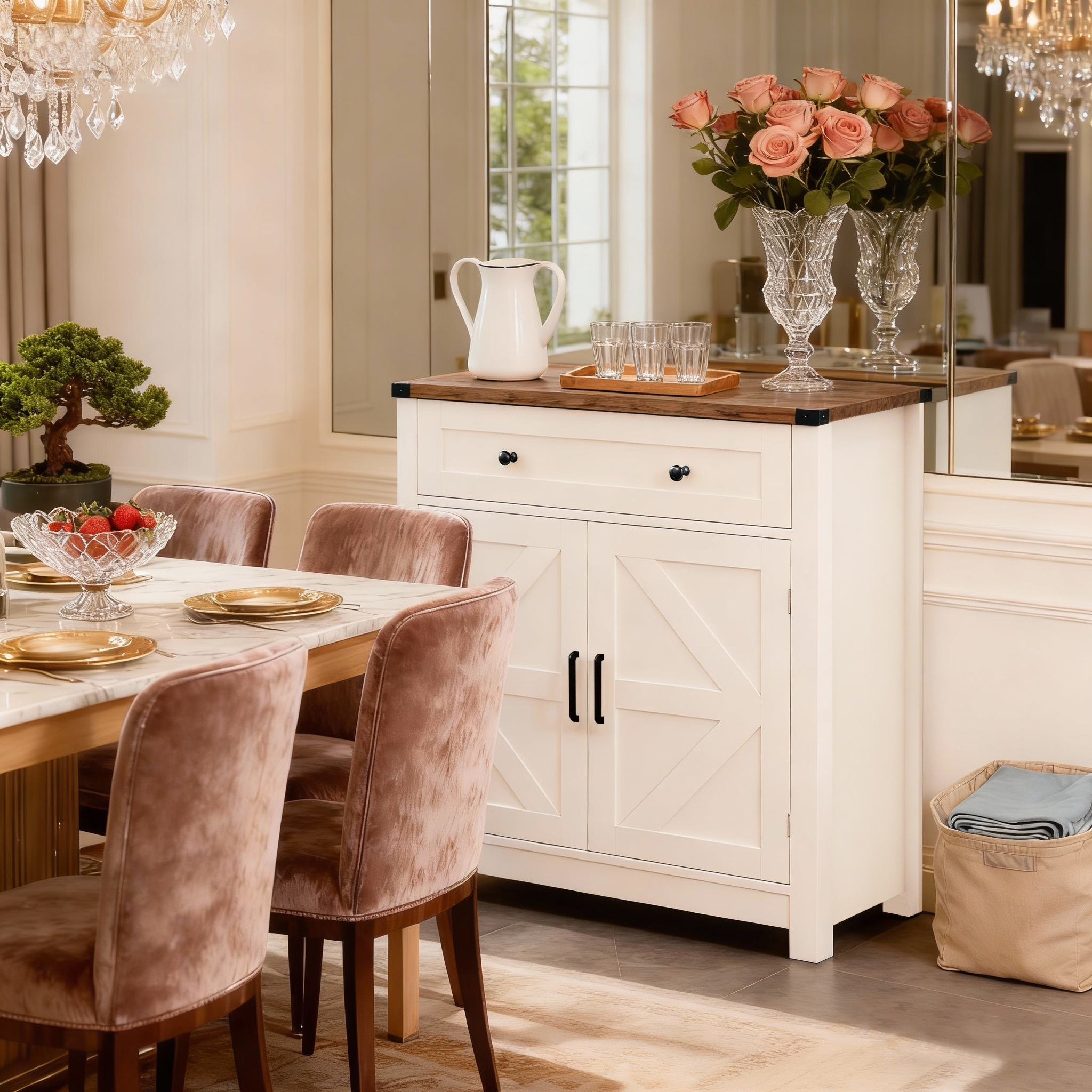 Farmhouse Barn-Door Coffee Bar Sideboard, White, 1 Drawer