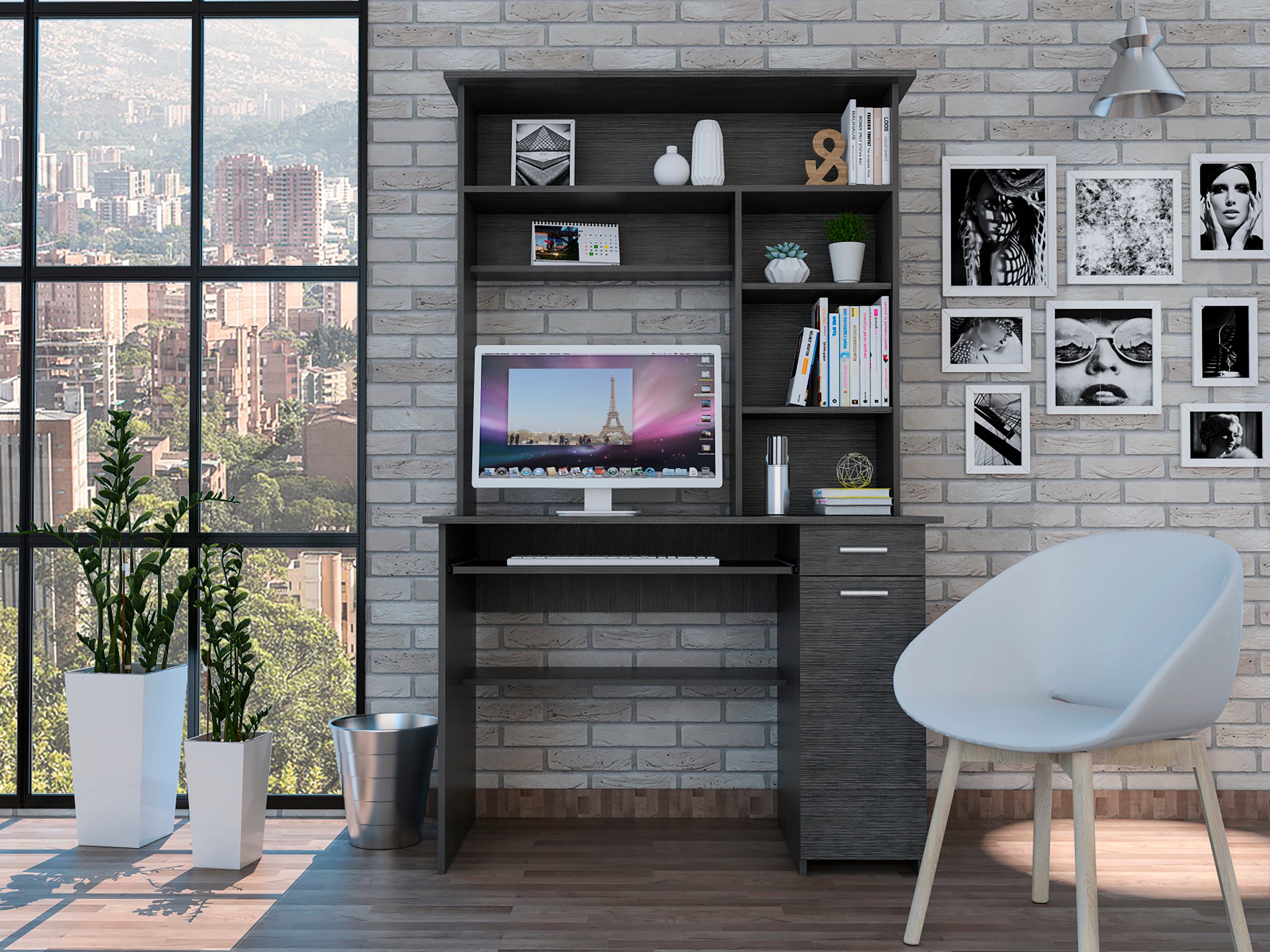Computer Desk with Hutch and Drawers, Workstation, 43.3 in, Oak