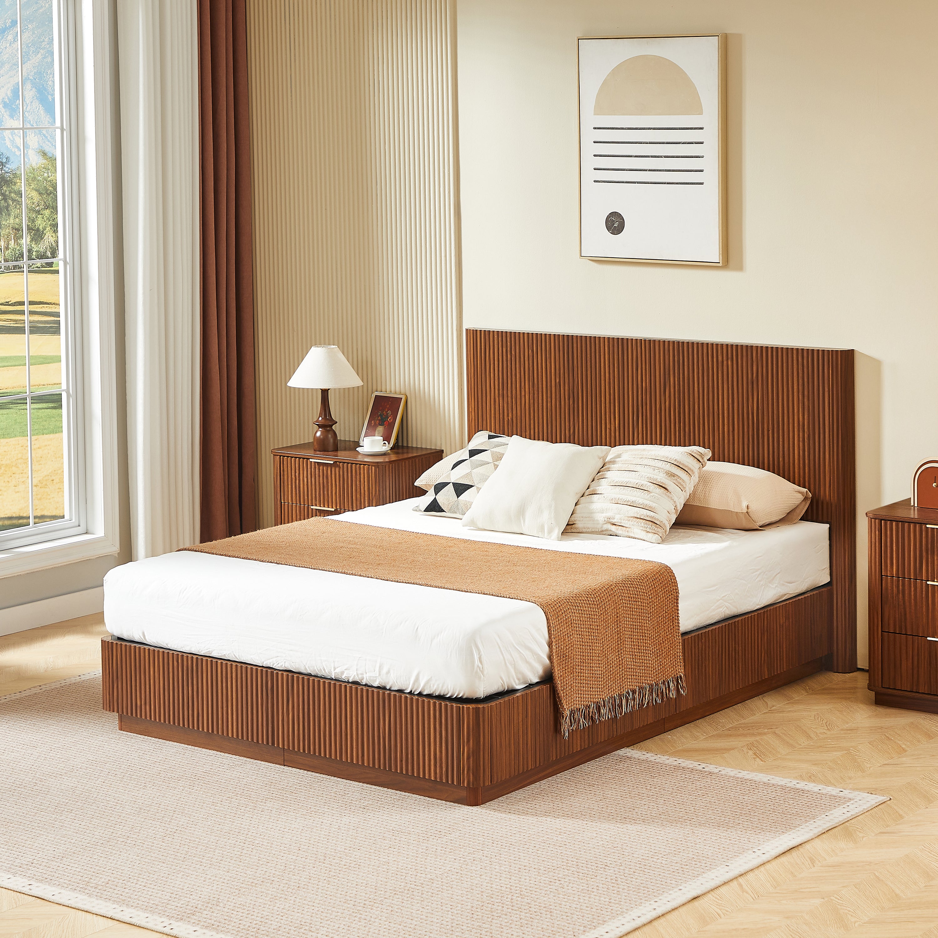 Angled view of the walnut corrugated bed frame with its tall fluted headboard in a warm bedroom #Color_Walnut