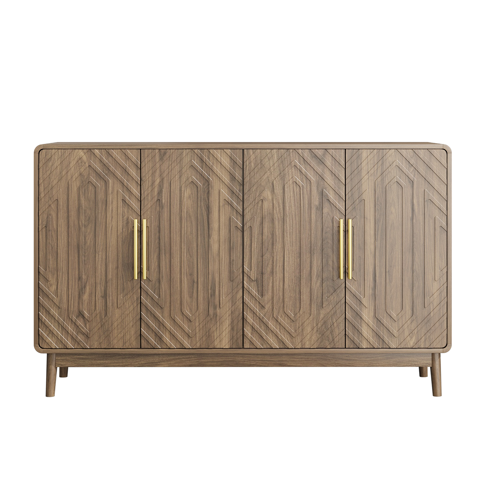 Walnut Carved 4-Door Sideboard Buffet, Adjustable Shelves