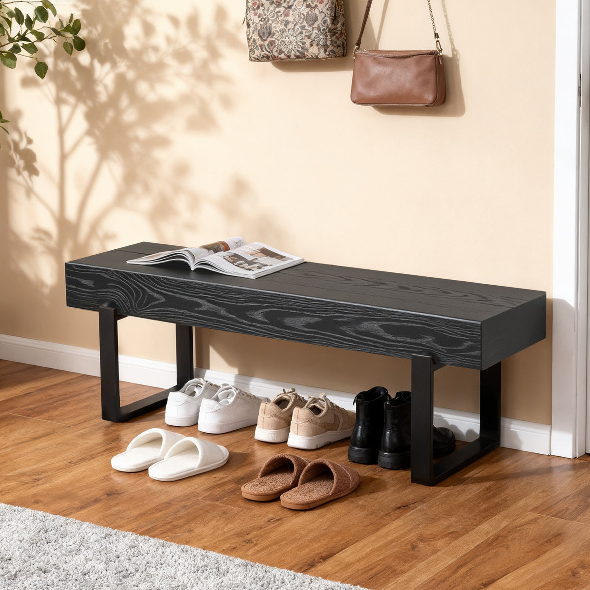Black Shoe Storage Bench, 59.1 in Wide