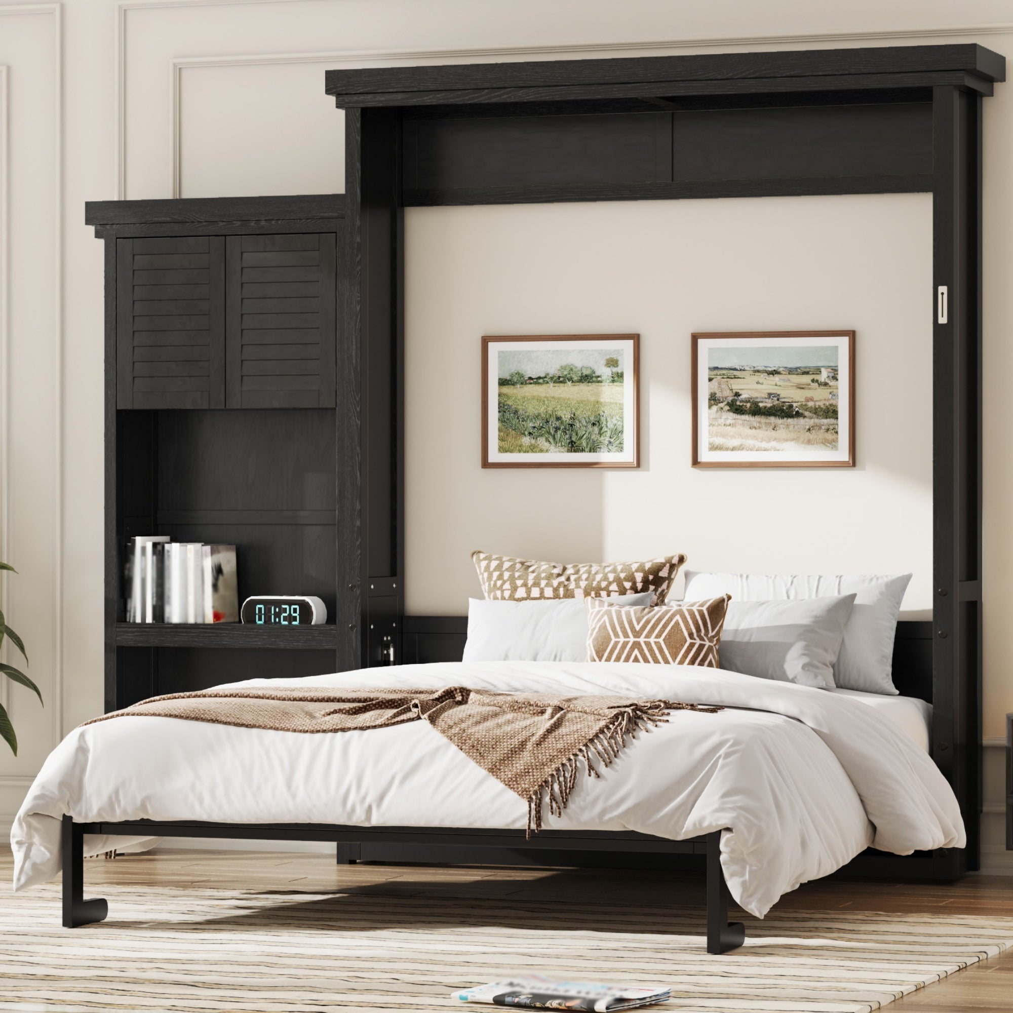 Black Queen Murphy Bed with Louvered Front and Shelves