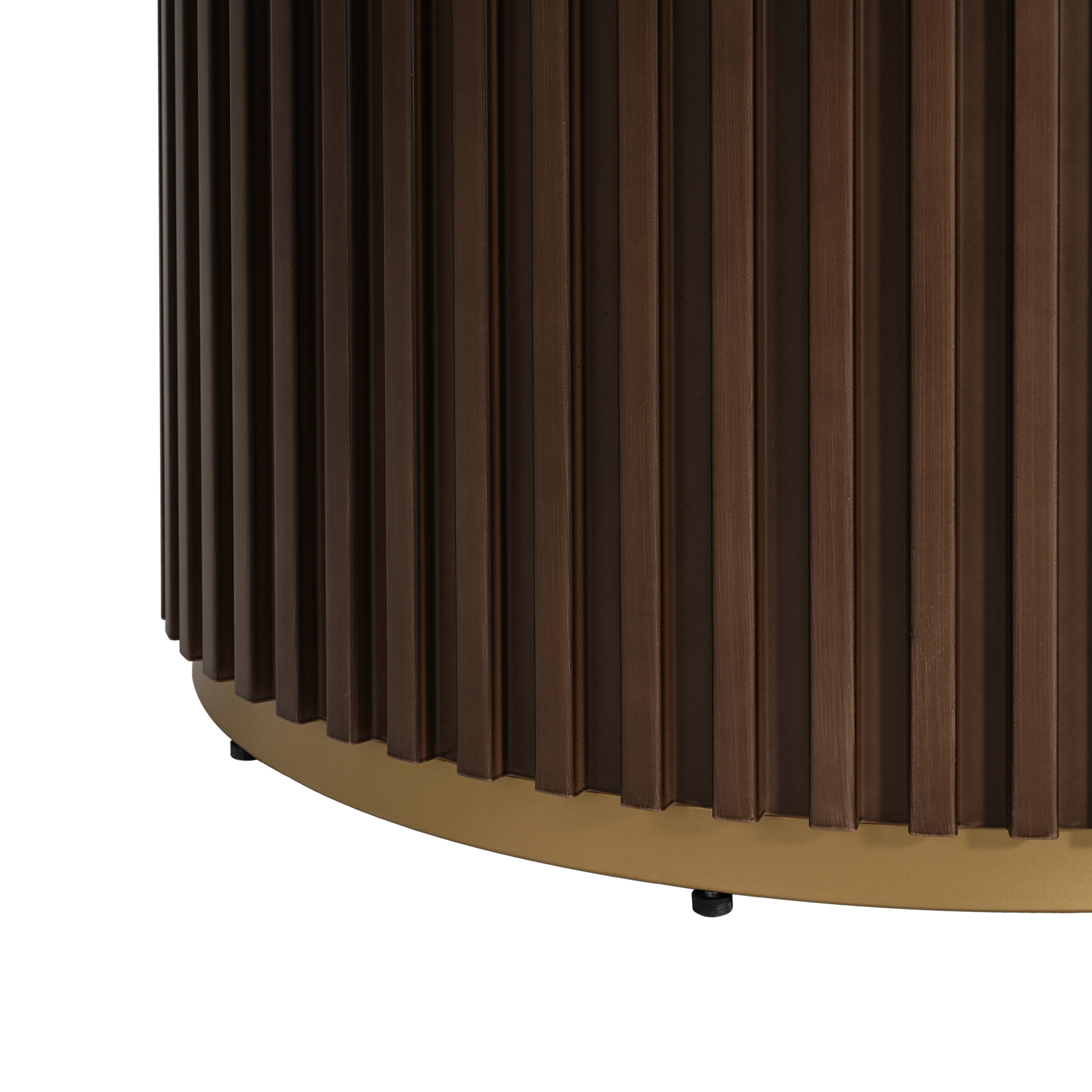 Close-up of the fluted walnut pedestal base and gold base ring