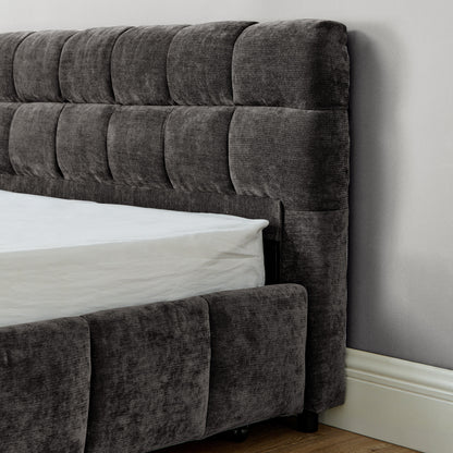 Close-up of caster wheel on storage drawer, dark gray king bed frame