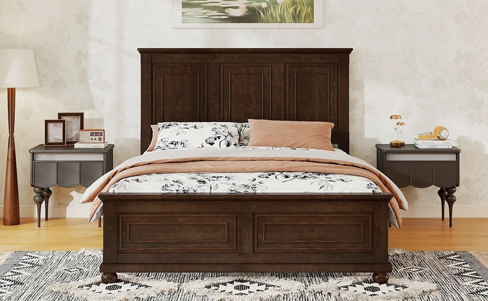 Straight-on view of the brown queen bed frame showing the three-panel headboard and matching footboard molding