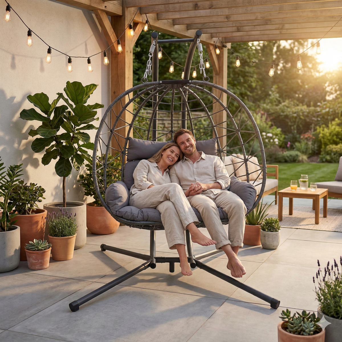 Gray Wicker 2-Person Hanging Egg Chair with Stand
