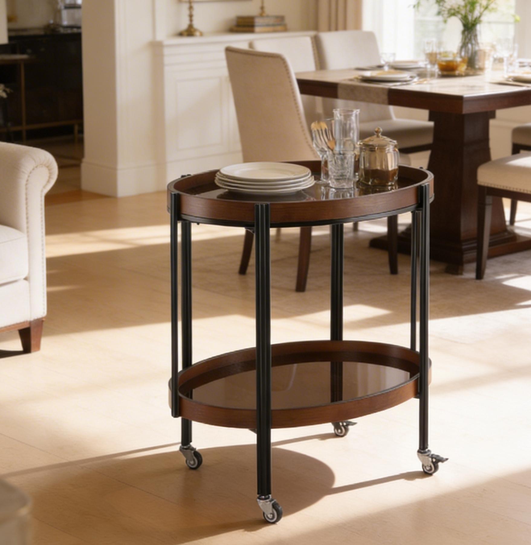 Oval 2-Tier Bar Cart, Dark Walnut with Black Frame & Glass Shelves