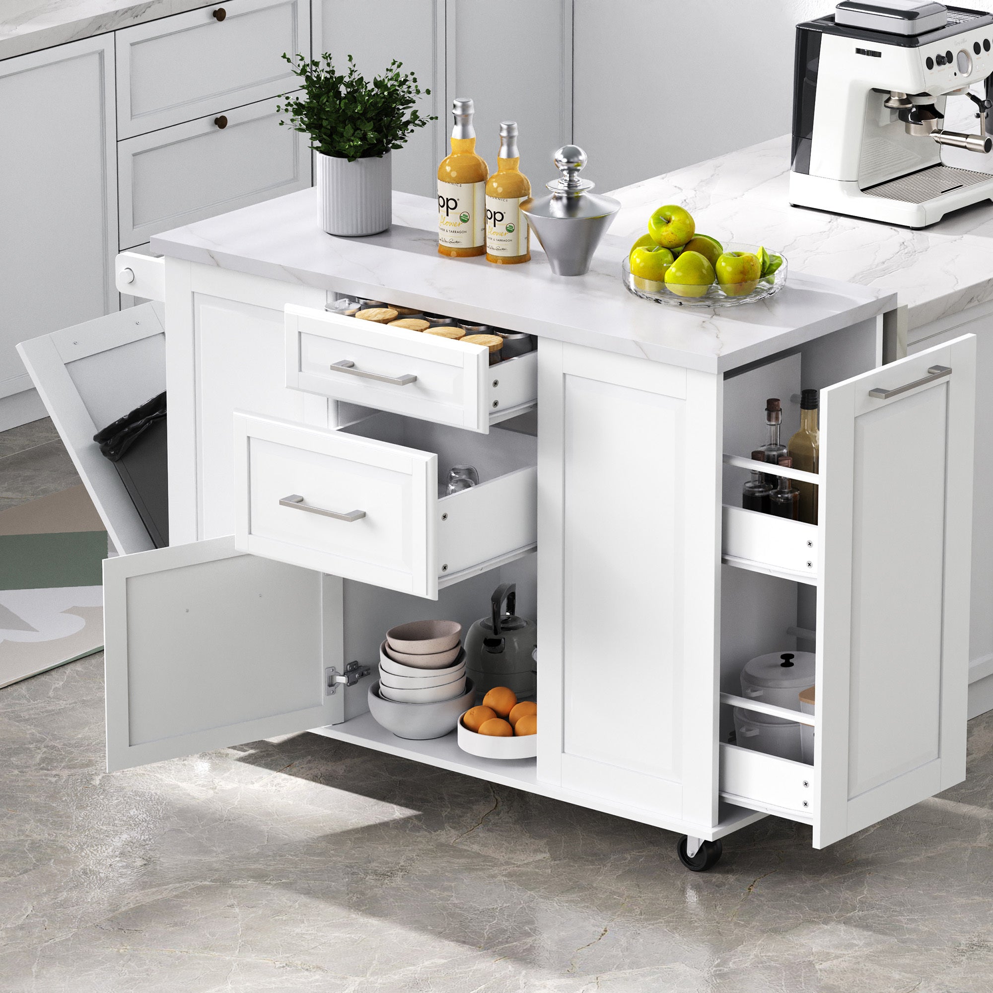 50.7'' Kitchen Island, White, Trash Cabinet & Drop-Leaf, 2 Drawers
