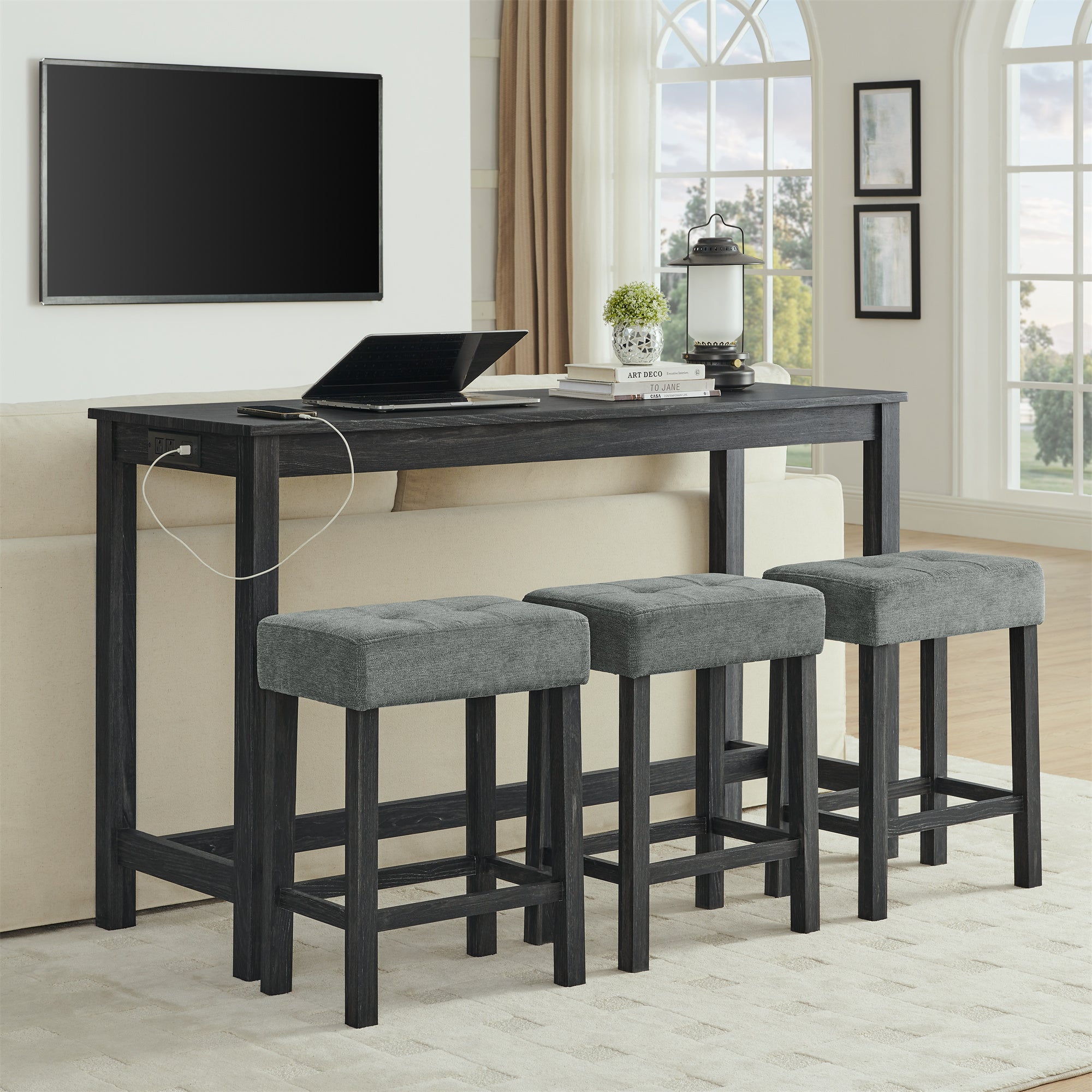 4-Piece Bar Table Set with Power Outlet and 3 Stools, Black