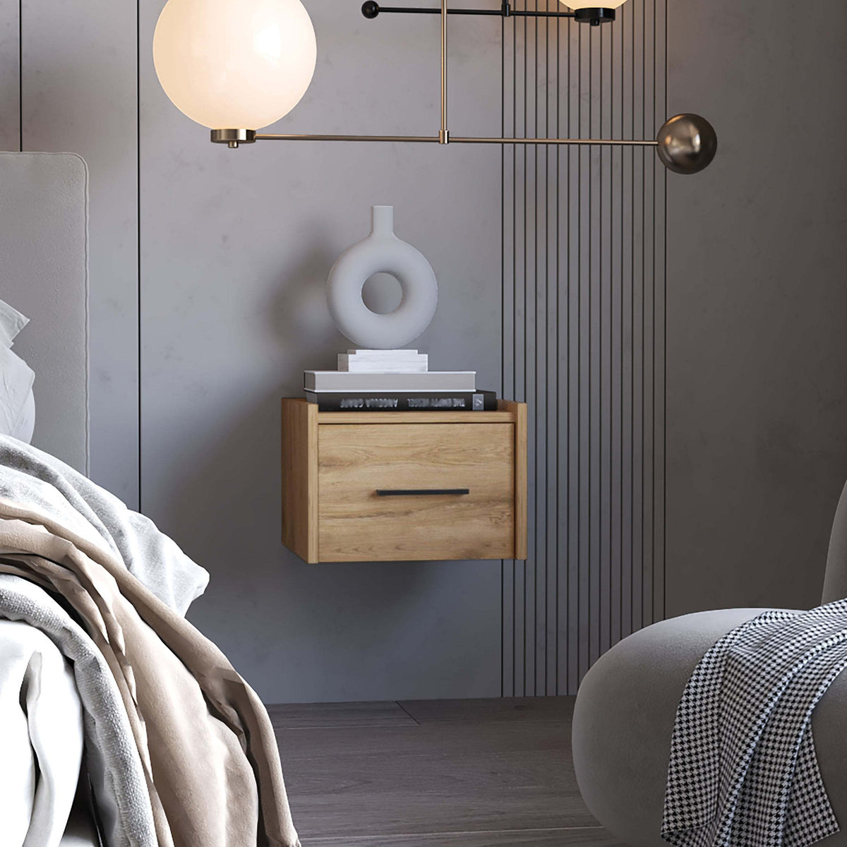 Narrow Floating Nightstand with Drawer, Macadamia