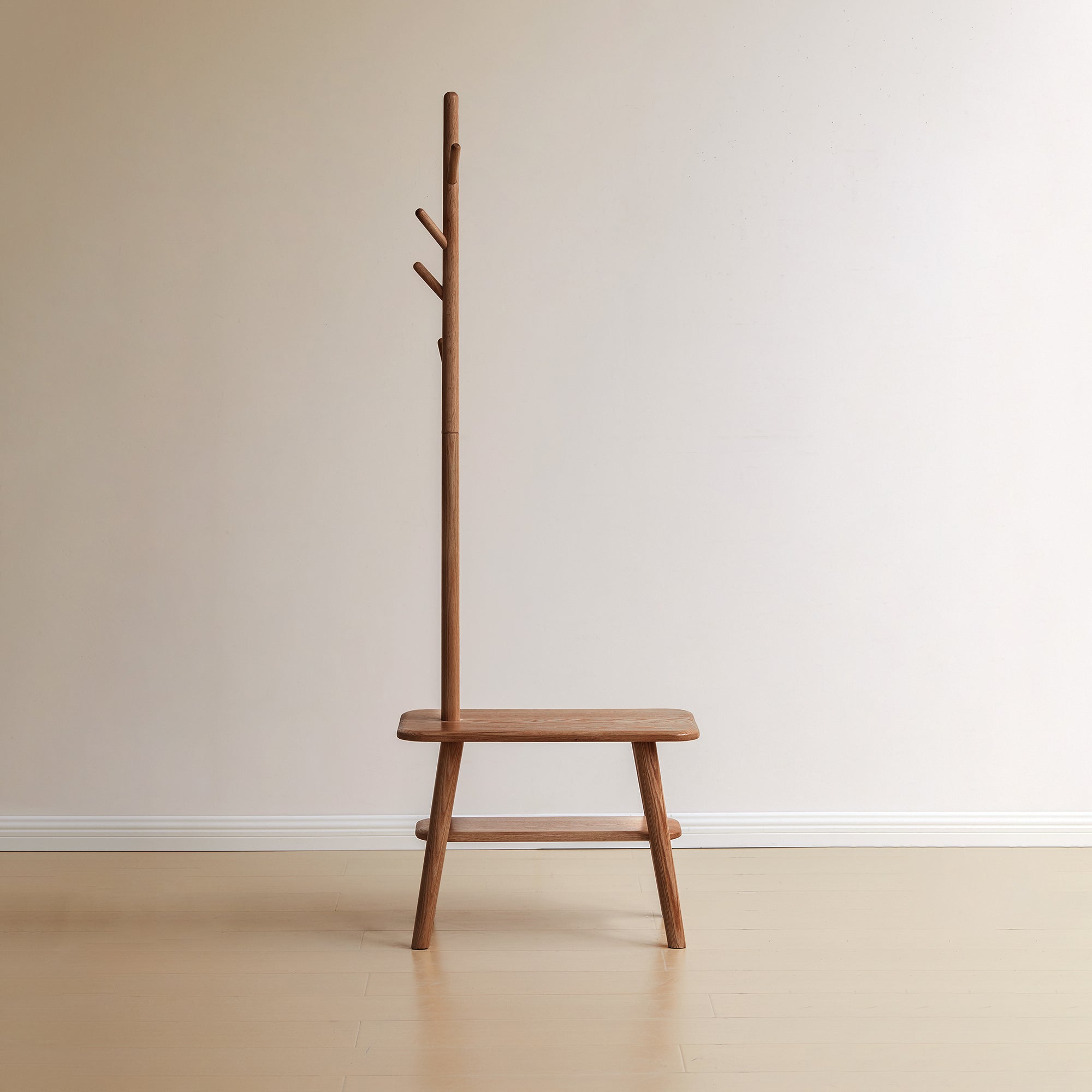 Hall Tree Bench with Coat Rack, Natural Wood and Shoe Shelf