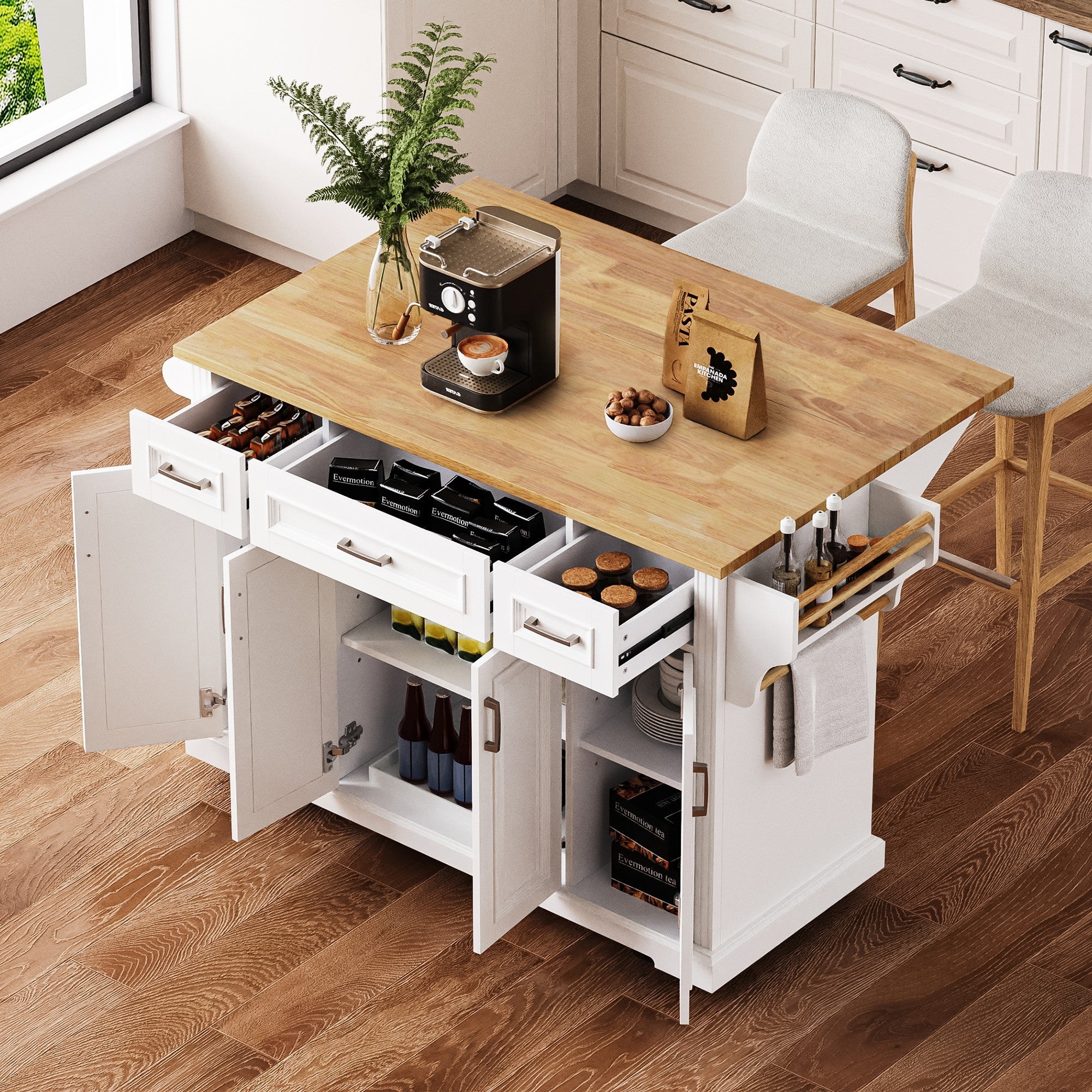 54in Kitchen Island with Drop-Leaf, White, 4-Door 3-Drawer Cart