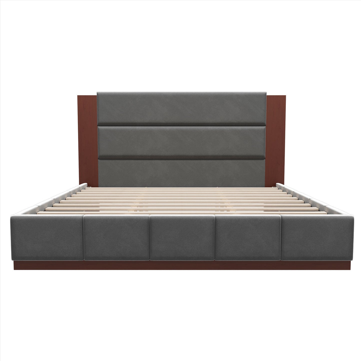 Front view of grey velvet wooden king bed frame showing headboard panels