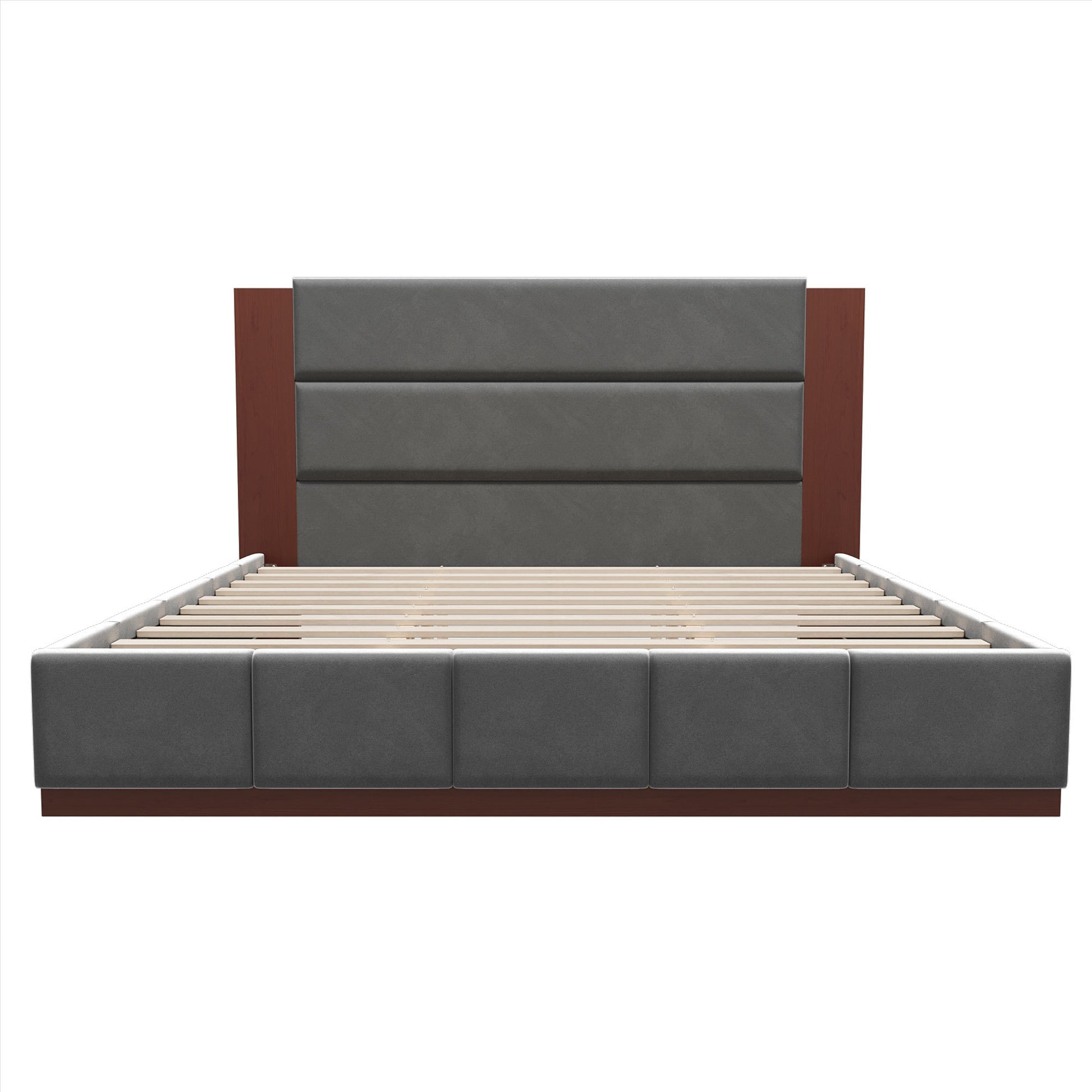 Front view of grey velvet wooden king bed frame showing headboard panels